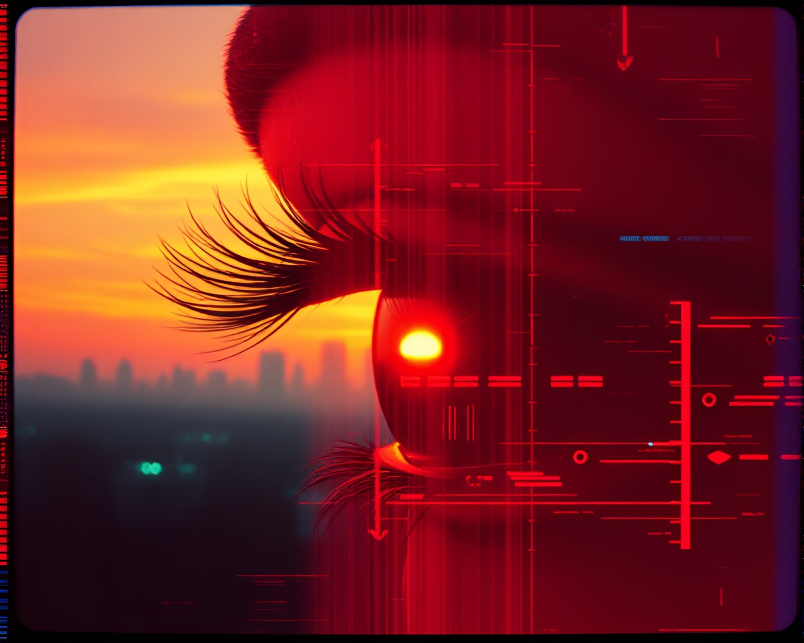 Grainy overlay image of cybernetic eye reflecting skyline sunset