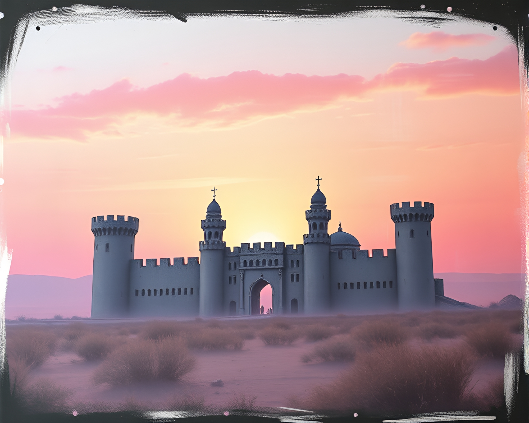 Deserted Castle Sunrise with Chalkboard Smudges – free AI stock image