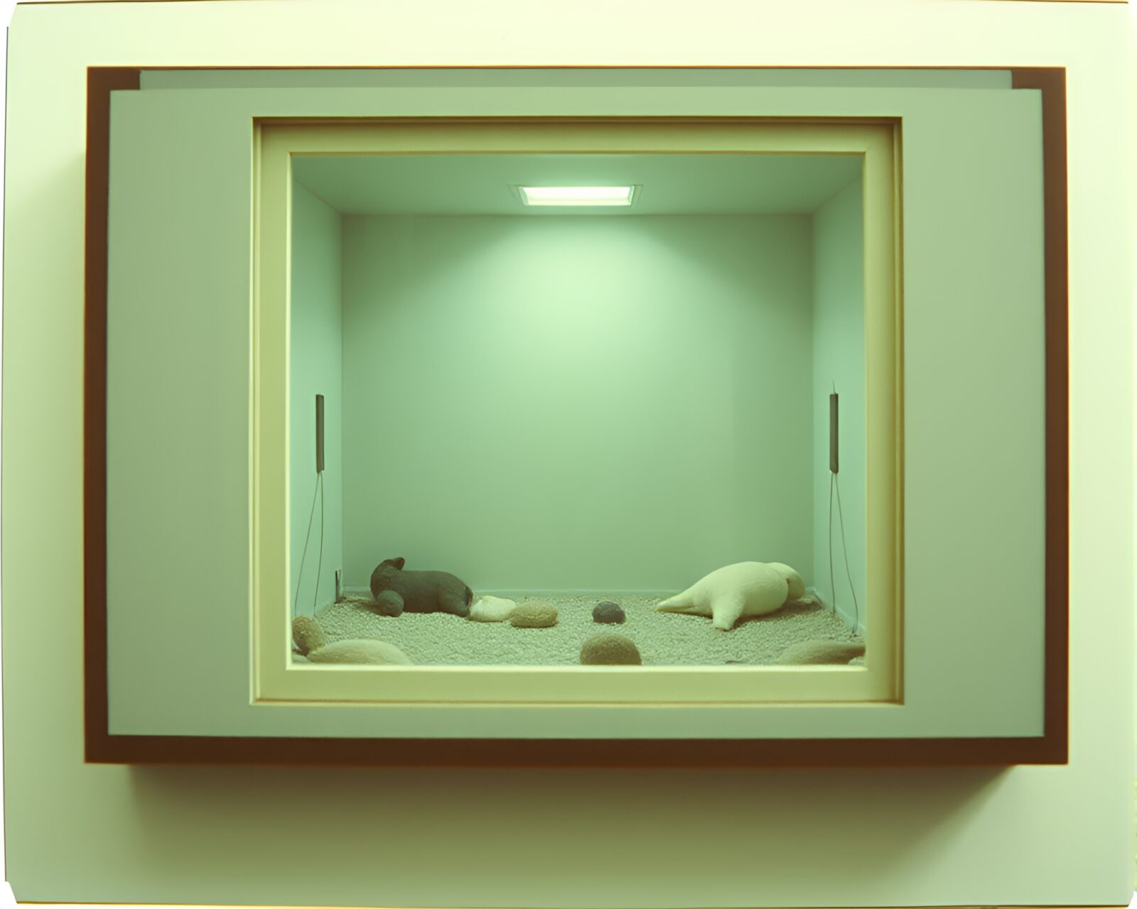 Grainy film style image of a space habitat framed within a Polaroid frame