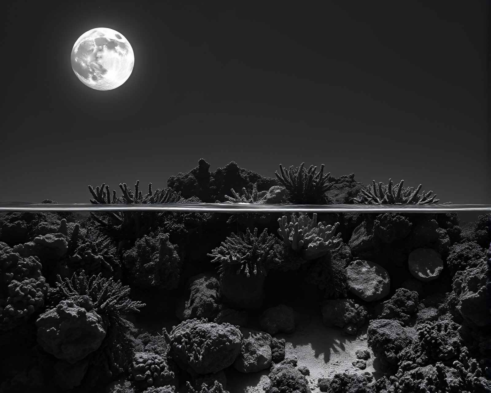Surreal image of coral reef under silver moonlight