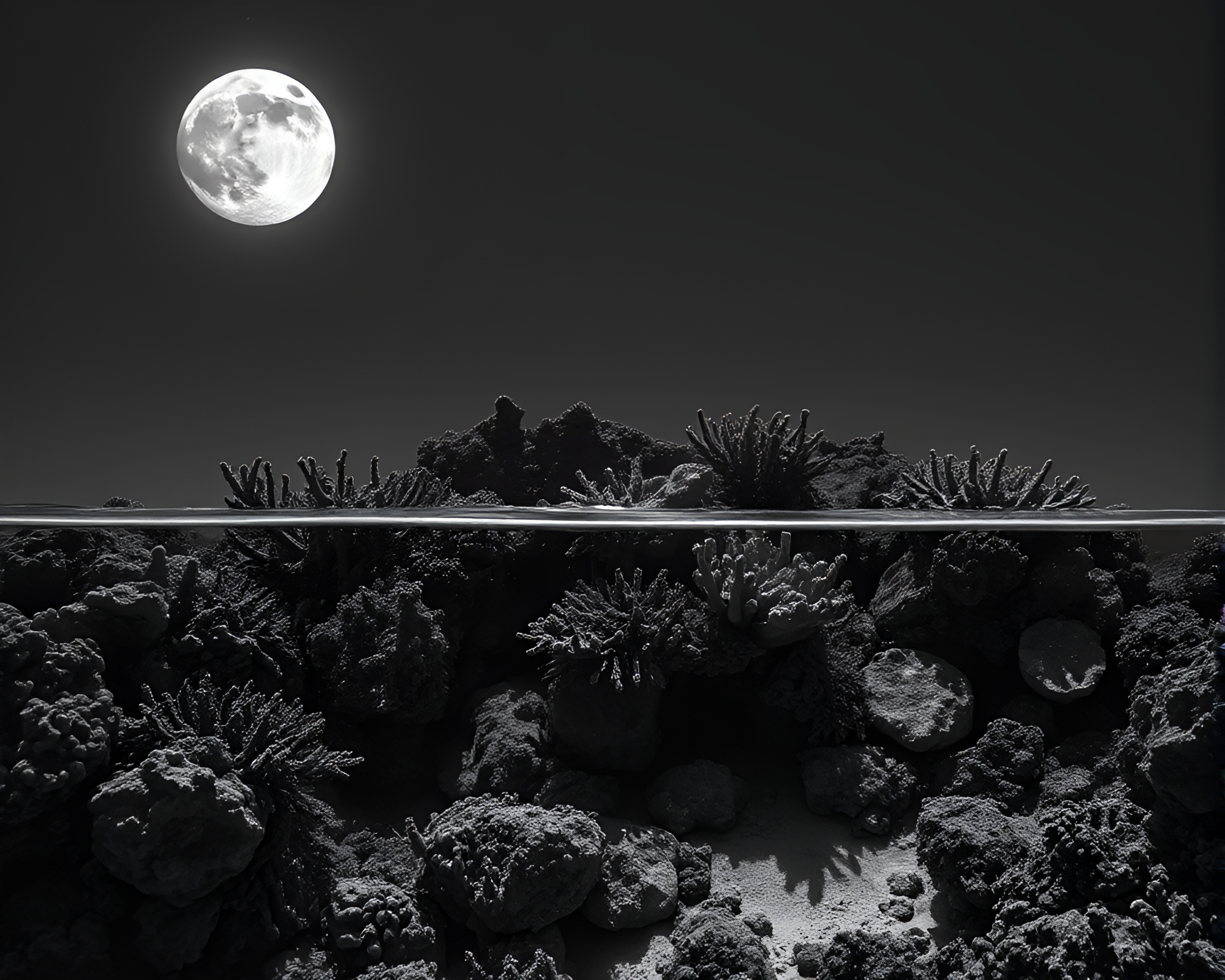 Double Exposure Coral Reef in Lunar Grayscale CGI – free AI stock image