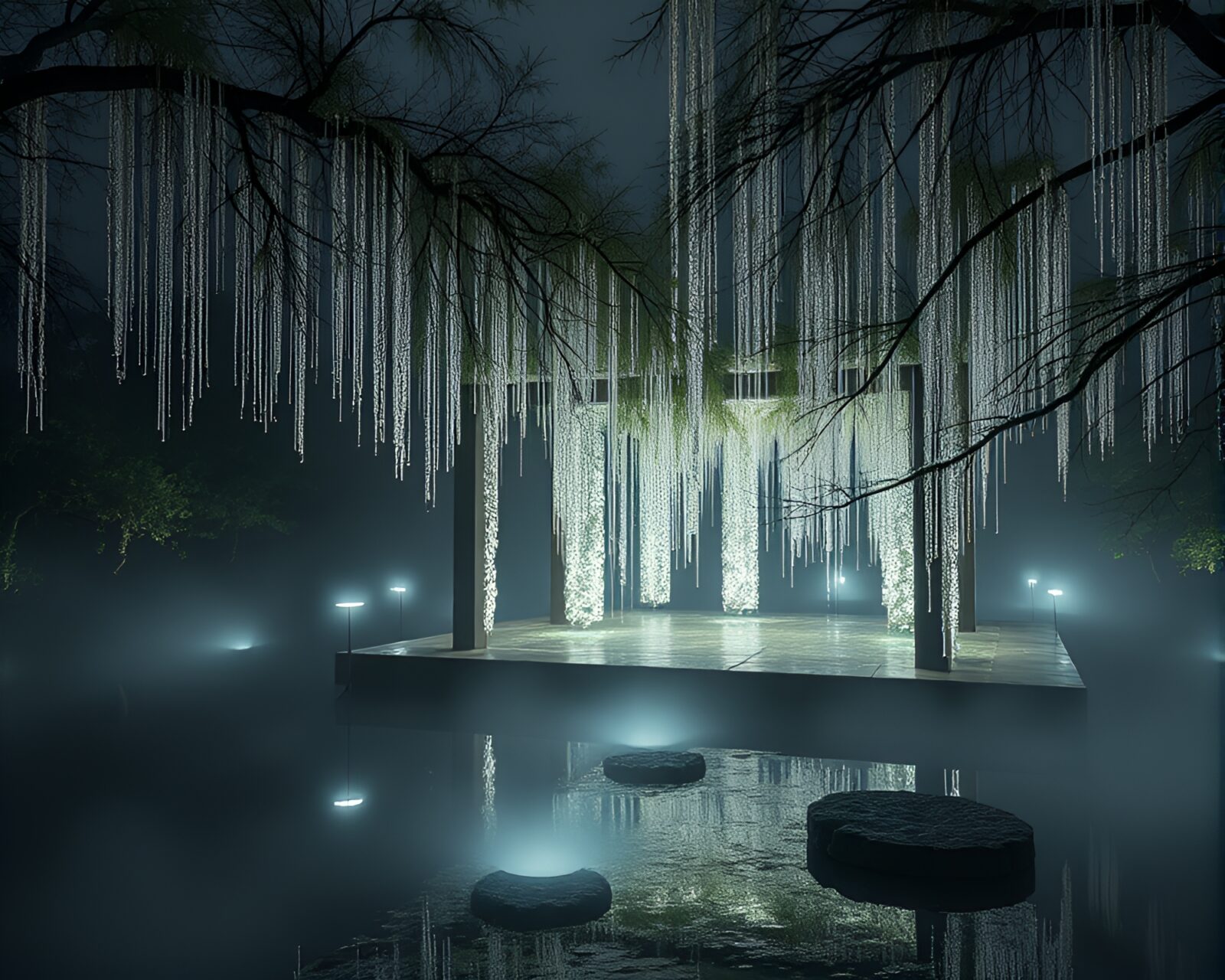Abstract pavilion surrounded by lichen under dim light