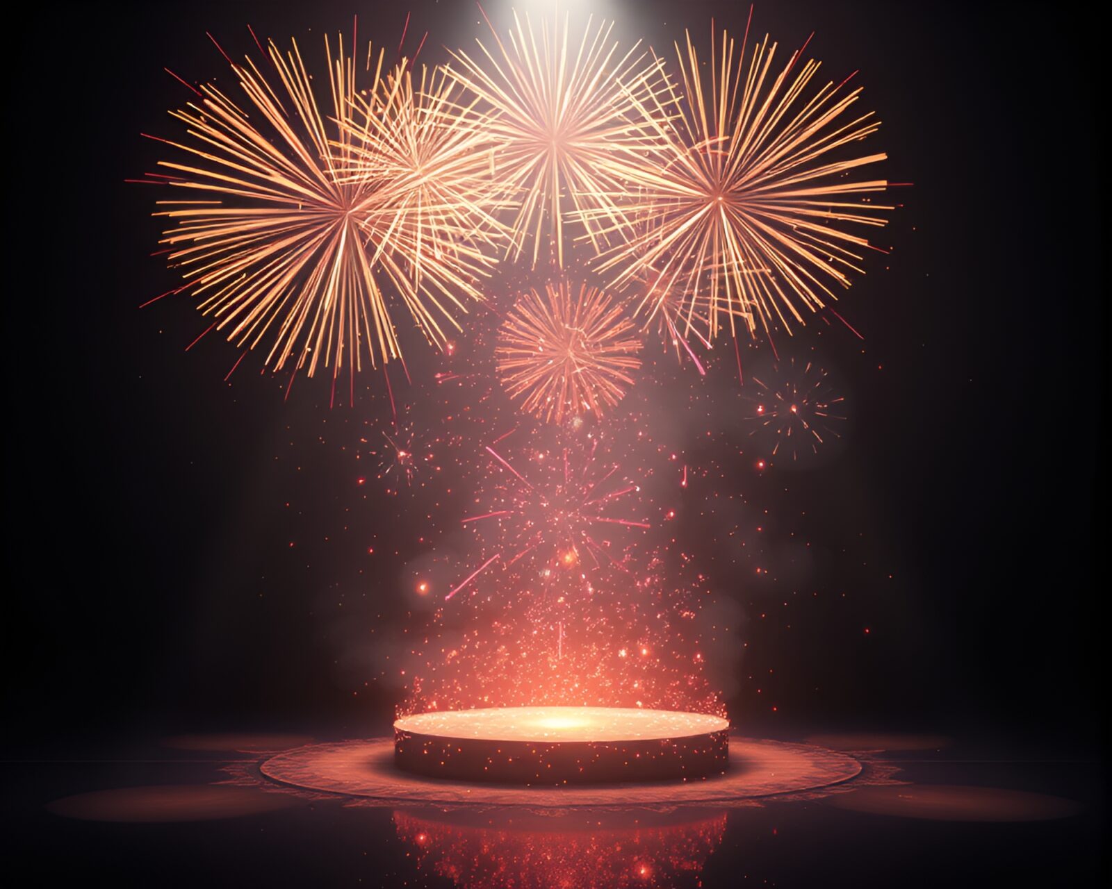 Vibrant crystal floating amidst fireworks explosions in spotlight