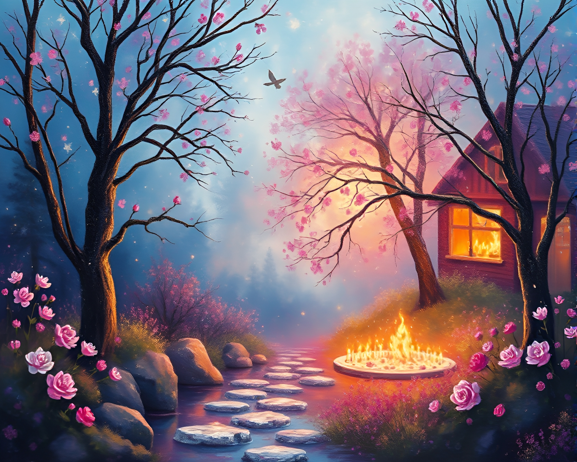 Fairy Light Hot Spring: Rule of Thirds Fresco Painting – free AI stock image
