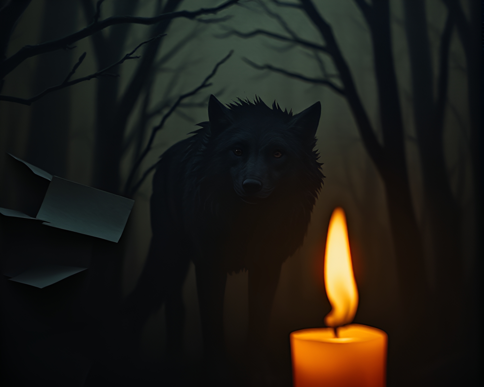 Ethereal Werewolf in Candlelit Paper Forest – free AI stock image