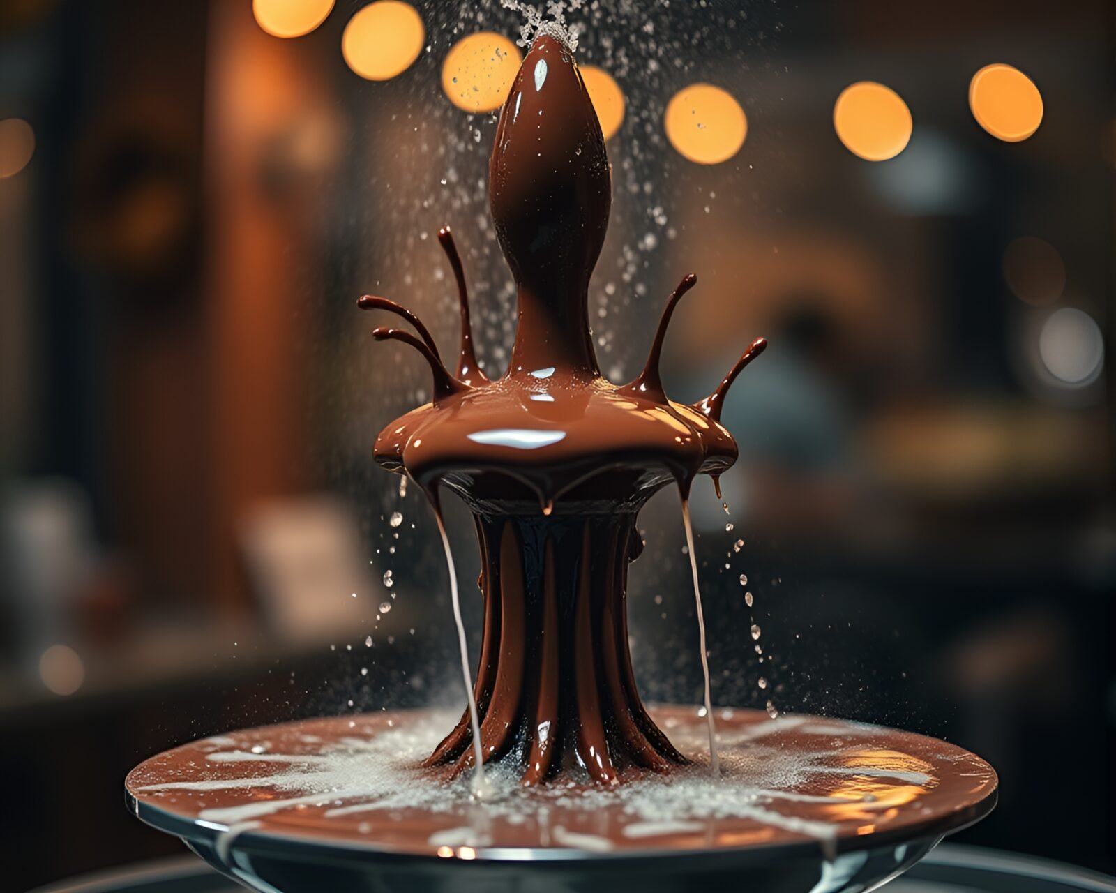 Enchanting scene of ink splashes surrounding a chocolate fountain