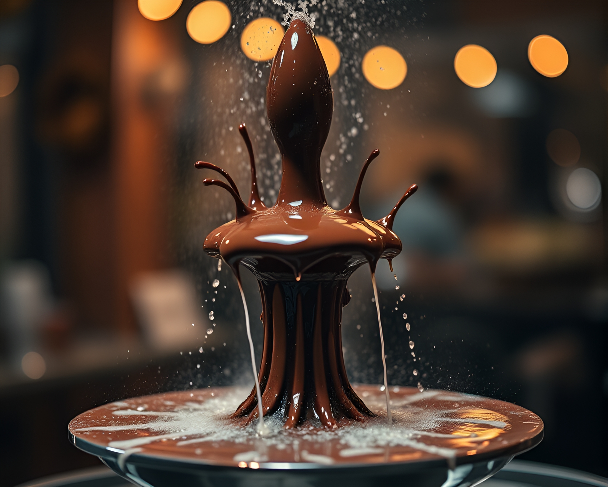 Chocolate Fountain in Tilt-Shift Ink Splash Forest – free AI stock image