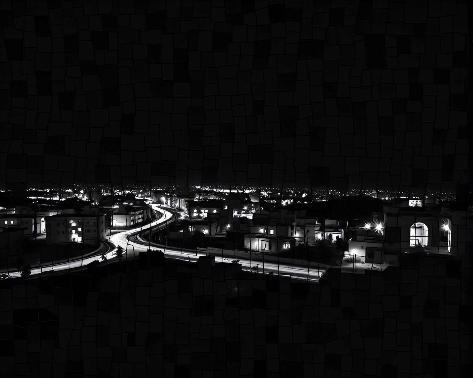 Eerie desert cityscape with shattered mosaic pieces under a black sky