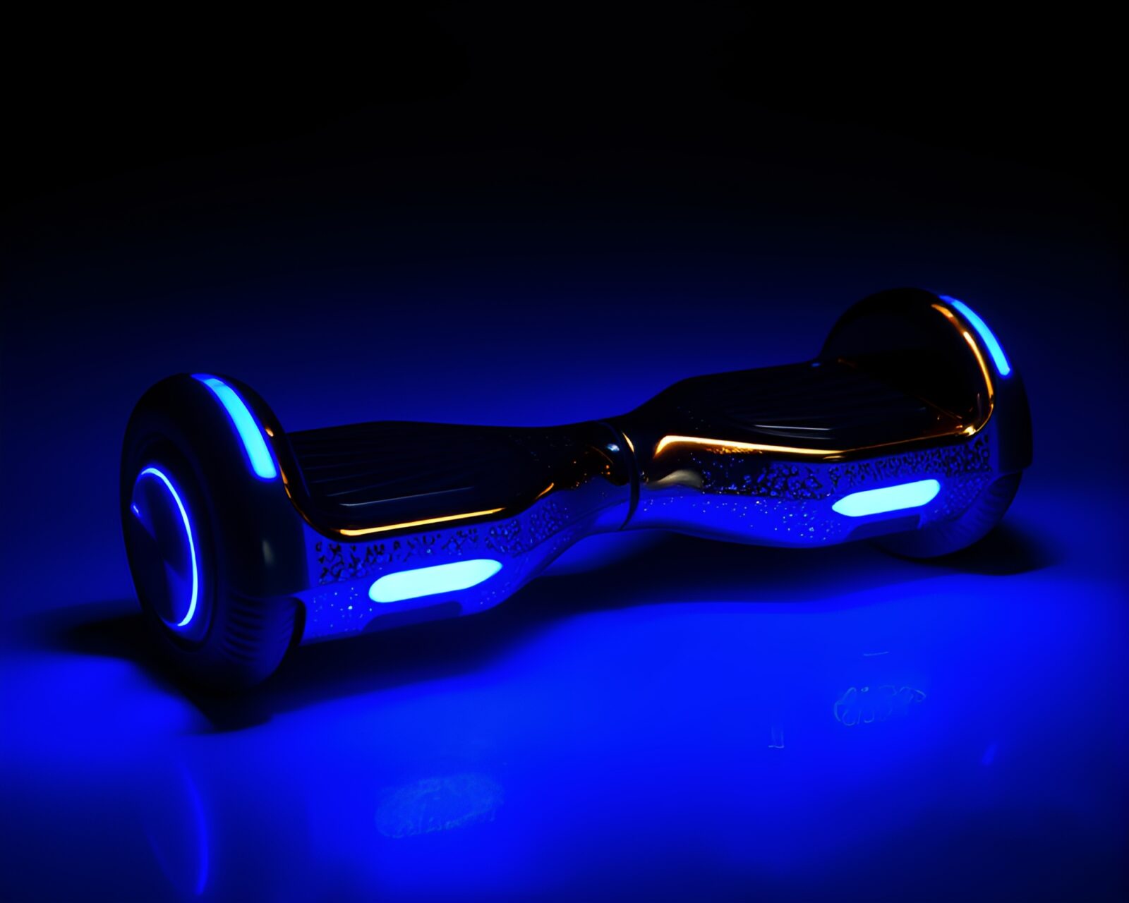 Sleek hoverboard with foil stamping details in cobalt blue noir setting