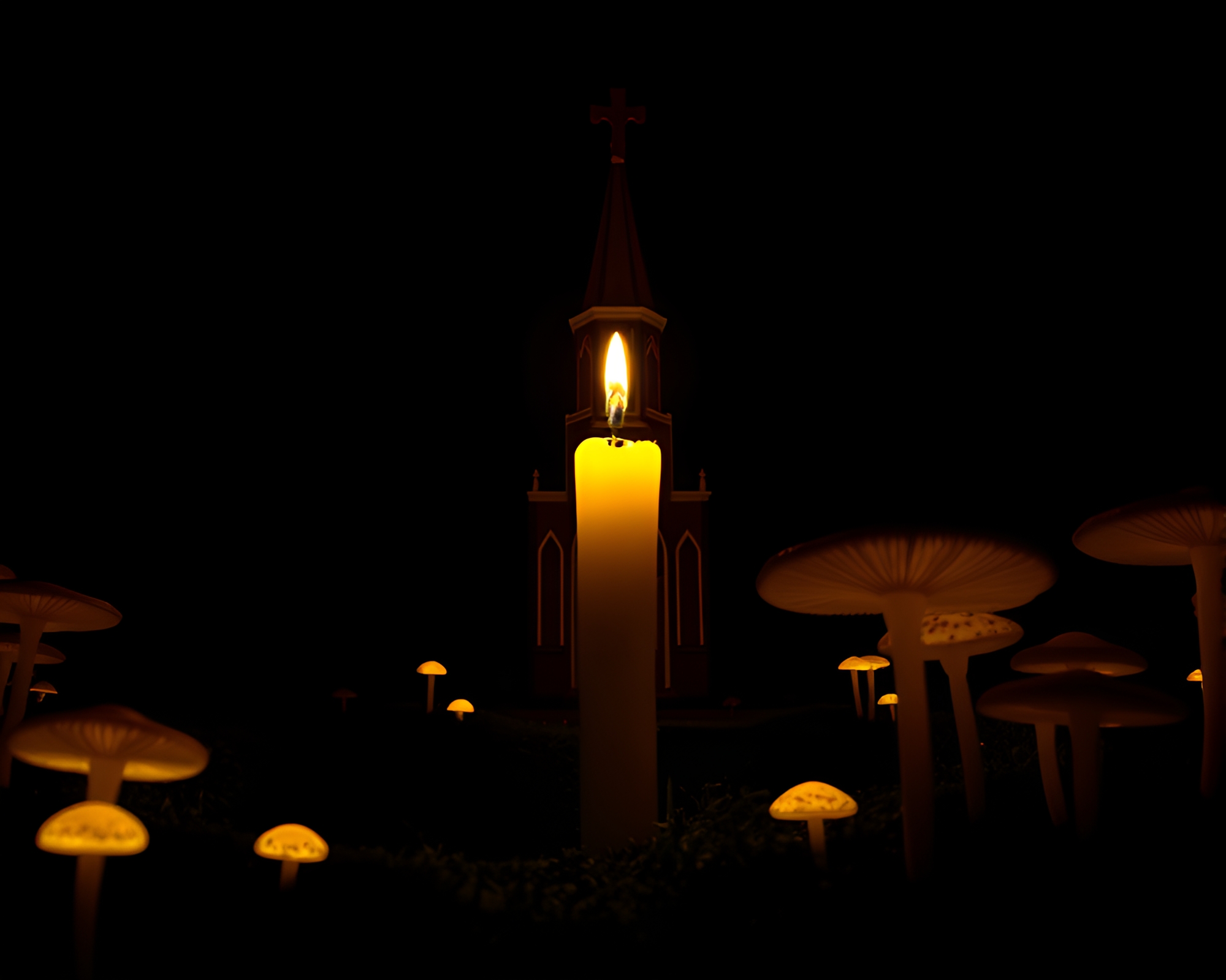 Enchanting Fungal Bioluminescence Illuminates Gothic Interior – free AI stock image