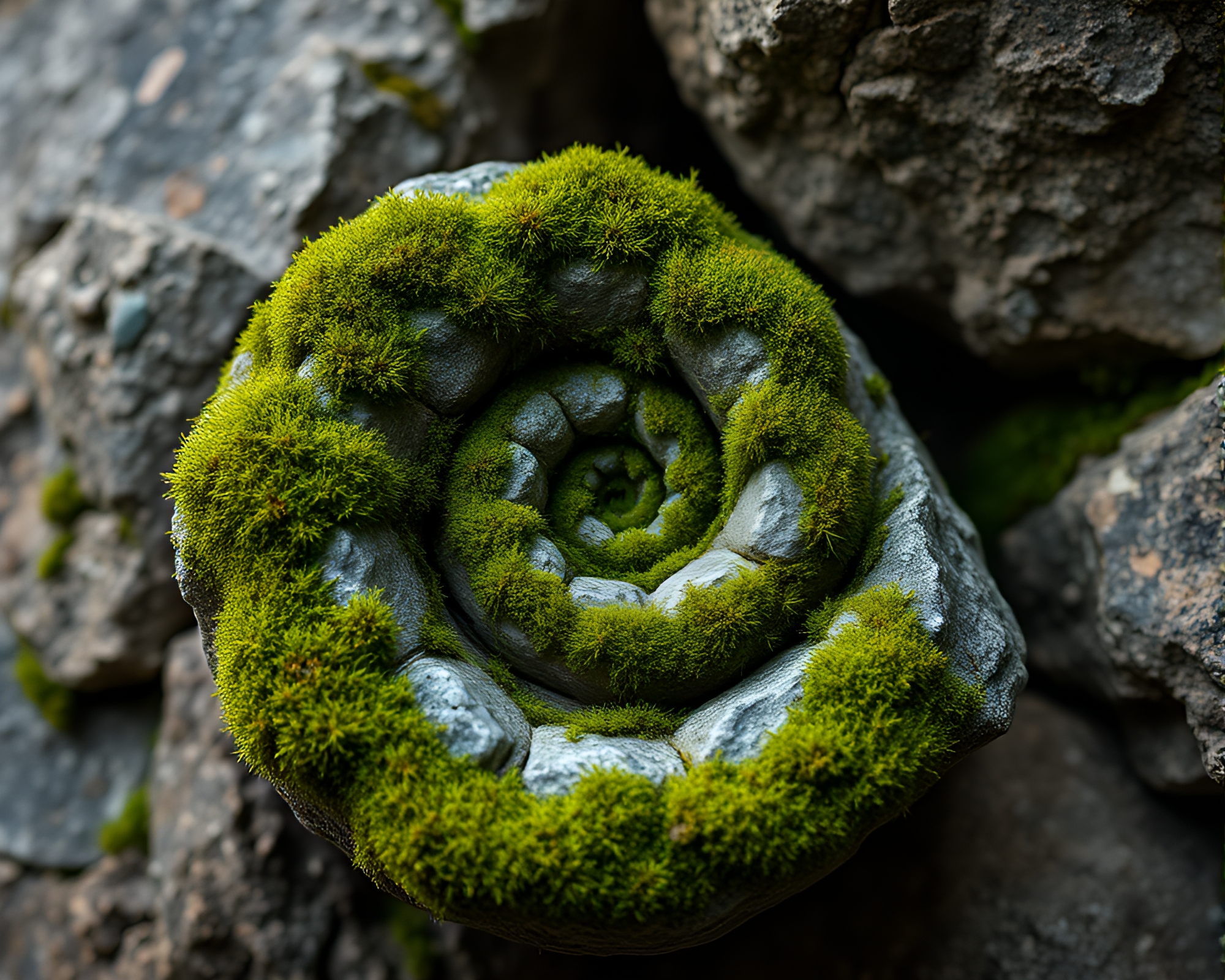 Whimsical Moss-Covered Rock Spiral in Digital Bloom – free AI stock image