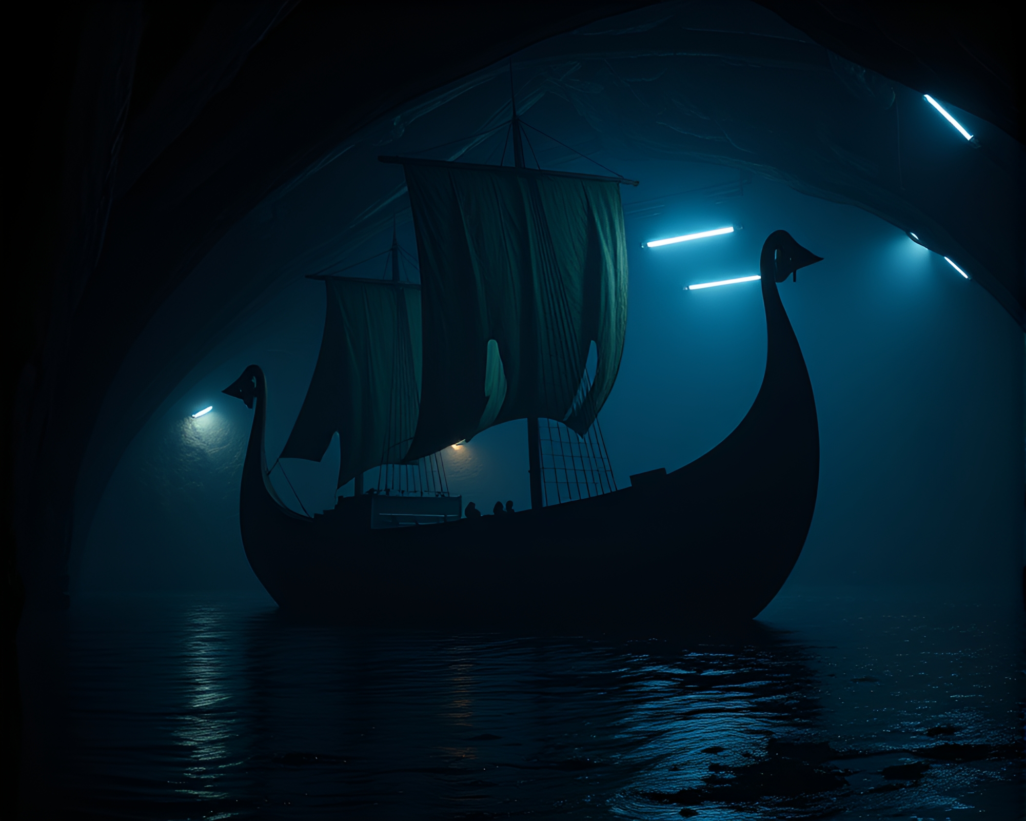 Viking longship silhouette in eerie basement fluorescence – free AI stock image