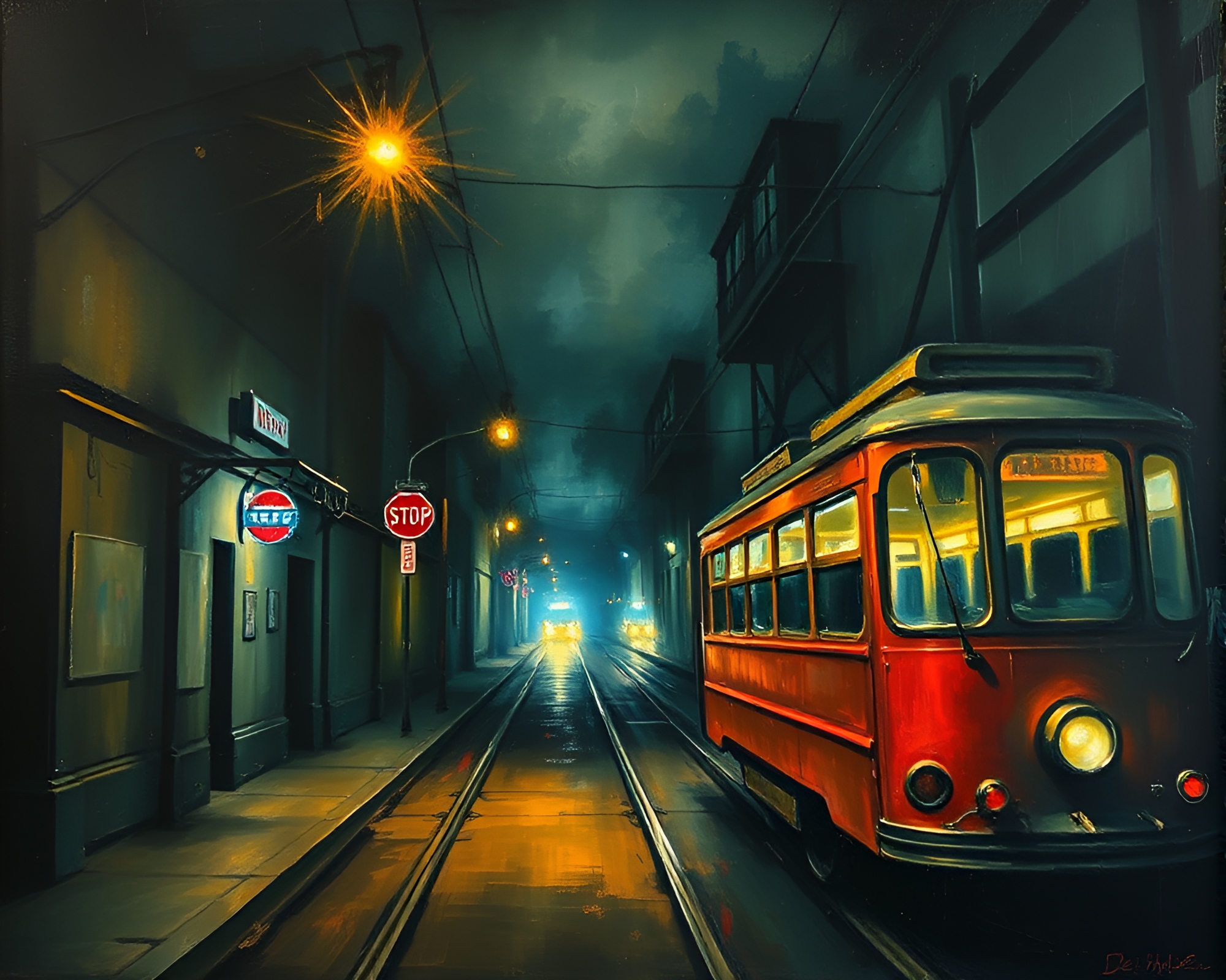 Urban Cable Car Light Trails Encaustic Art – free AI stock image