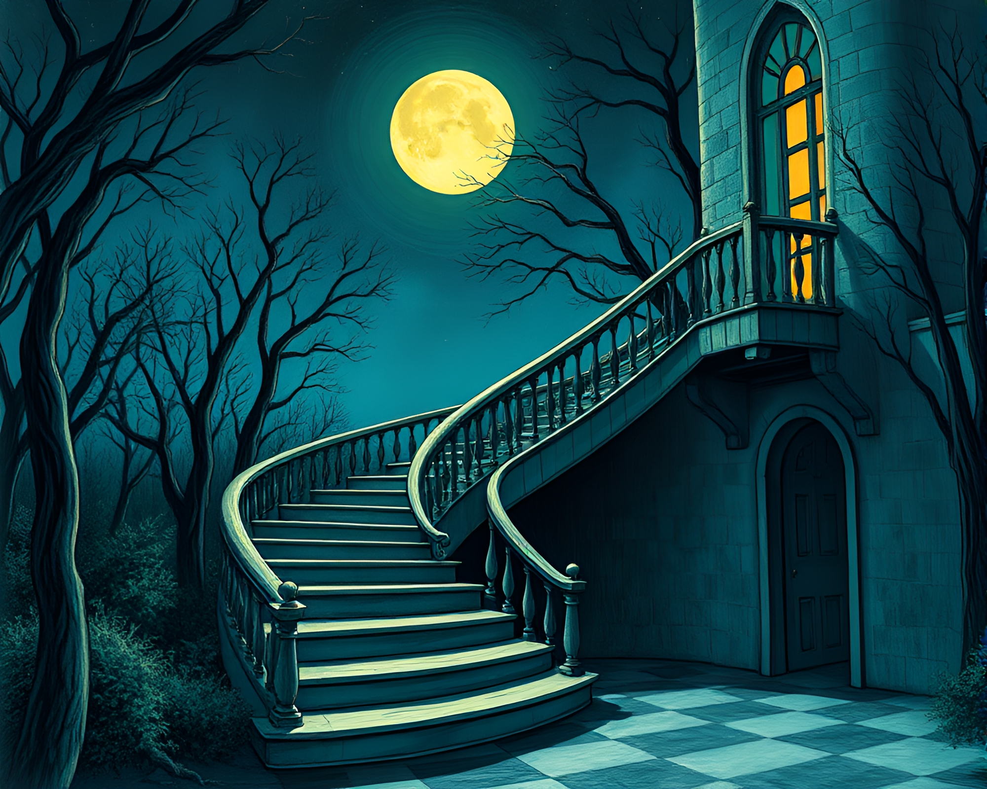 Moonlit Escher Staircase in Children’s Book Illustration – free AI stock image