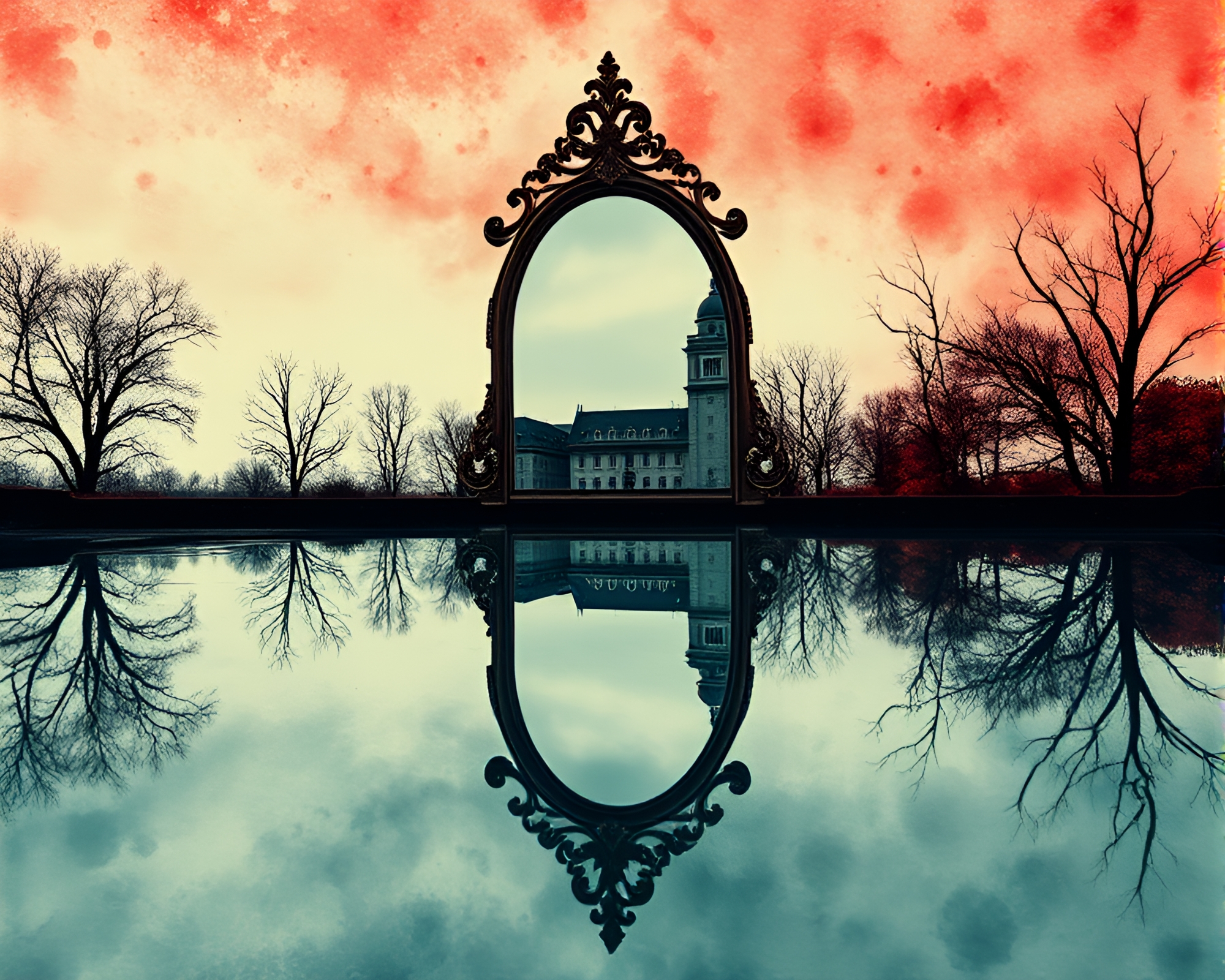 Ethereal Haunted Mirror Reflections Watercolor Artwork – free AI stock image