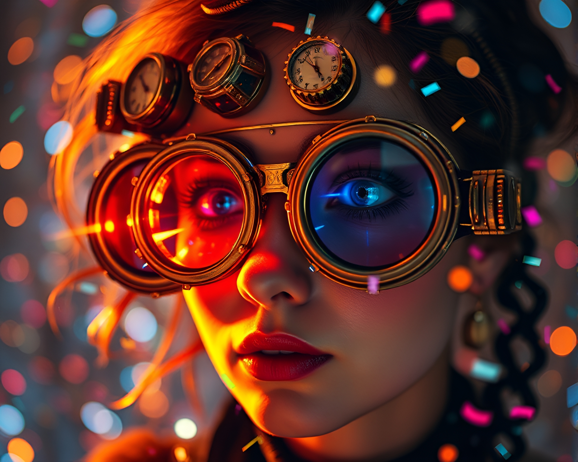 Steampunk Goggles in Surreal Fiber Optic Confetti Burst – free AI stock image