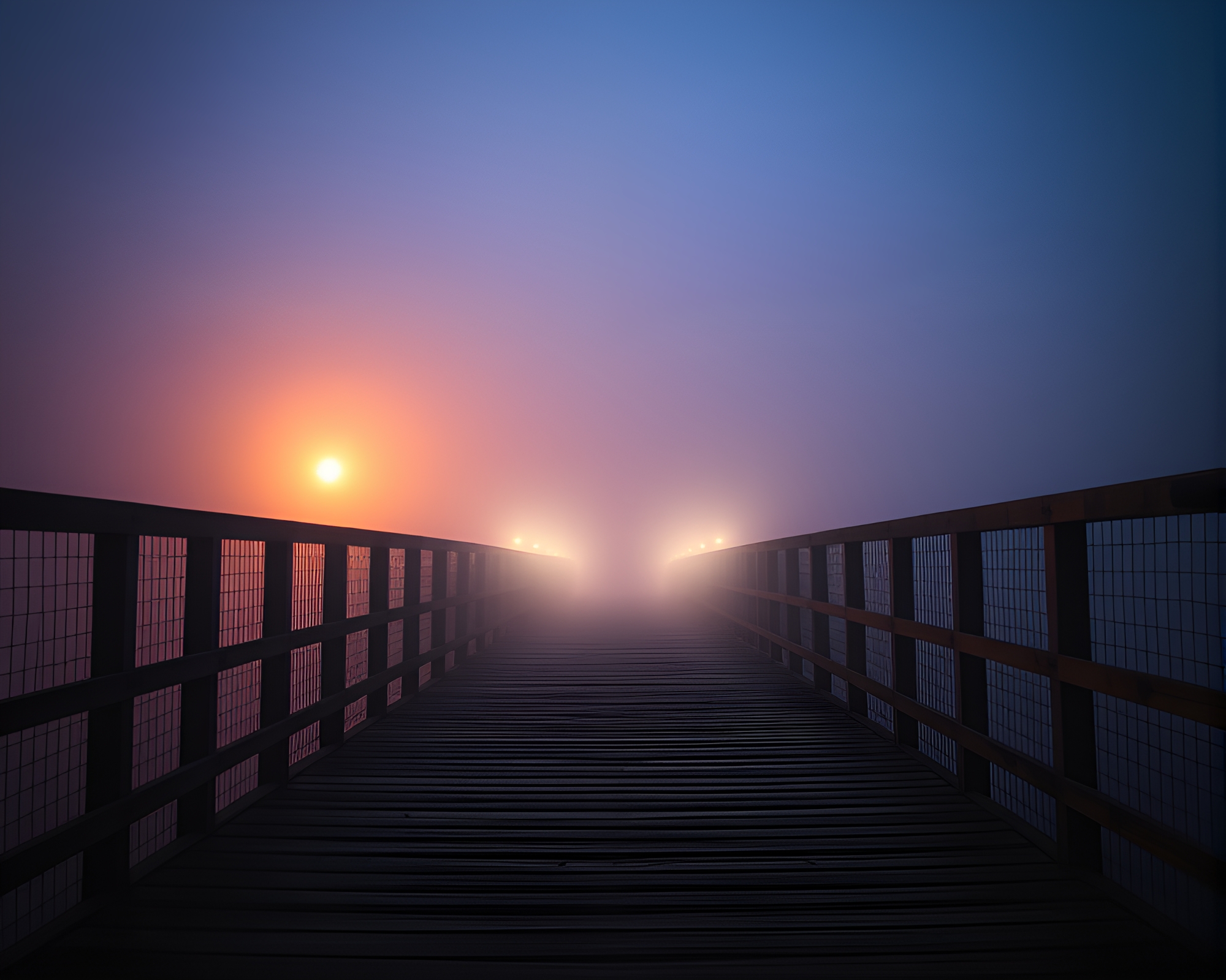 Halftone Grid Wooden Bridge at Dawn Mist – free AI stock image