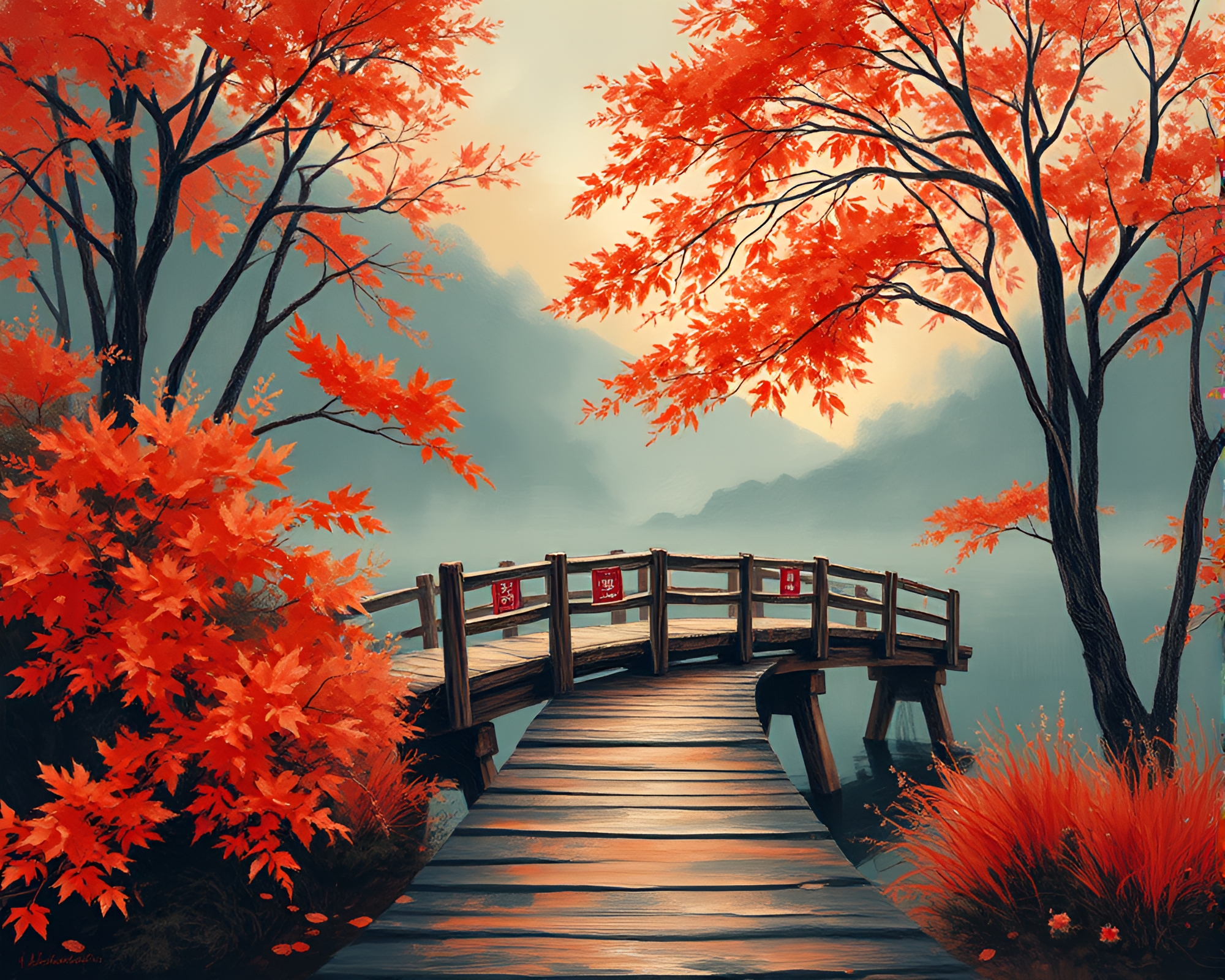 Serene Wooden Bridge with Infrared Palette Knife Painting – free AI stock image