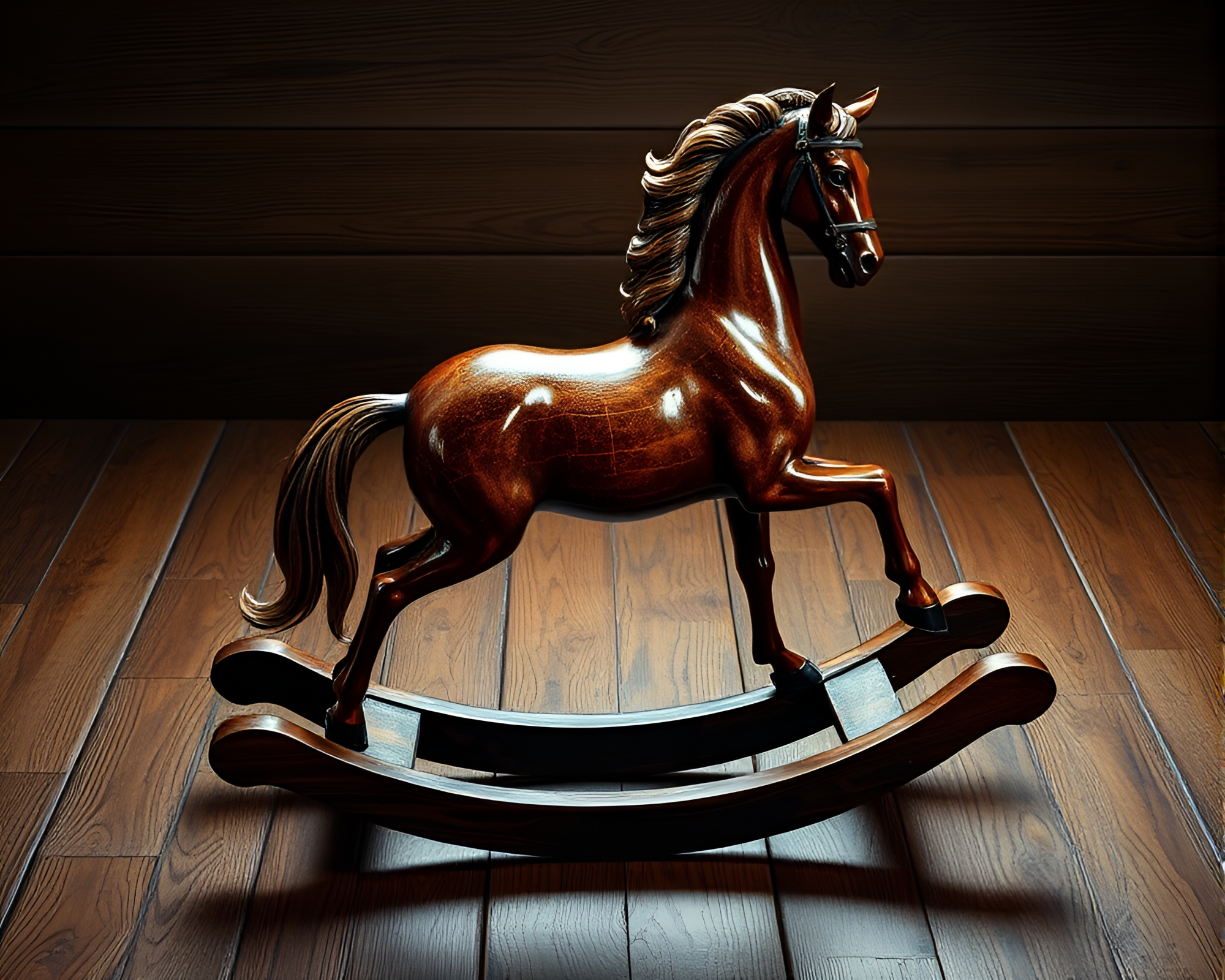 Glossy Wooden Rocking Horse in Tenebrism Style – free AI stock image