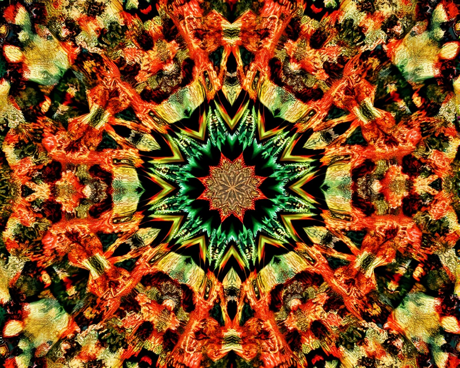 Abstract digital glitch art with lichen textures in copper tones.