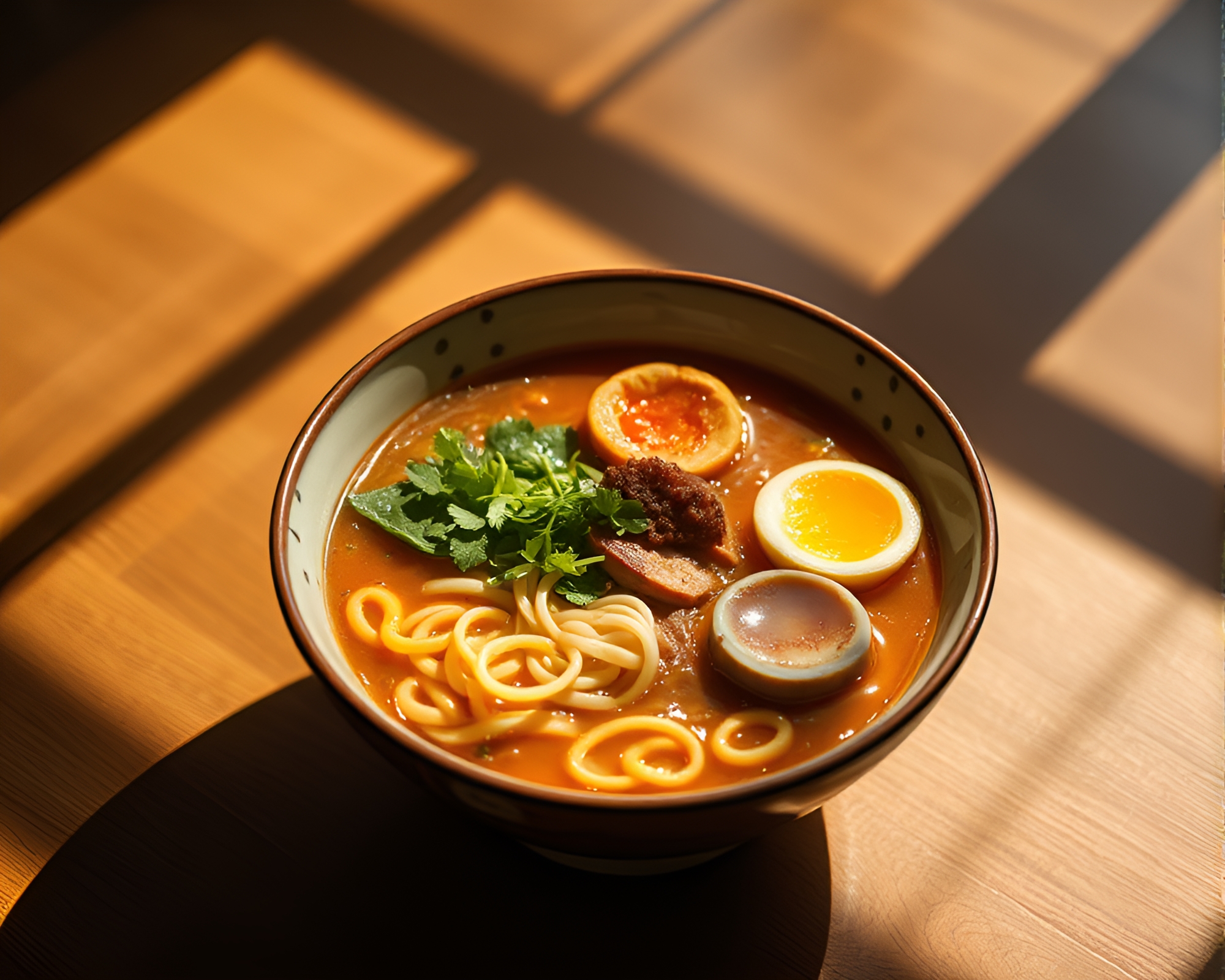 Ramen Bowl in Converging Circles with Soft Shadows – free AI stock image
