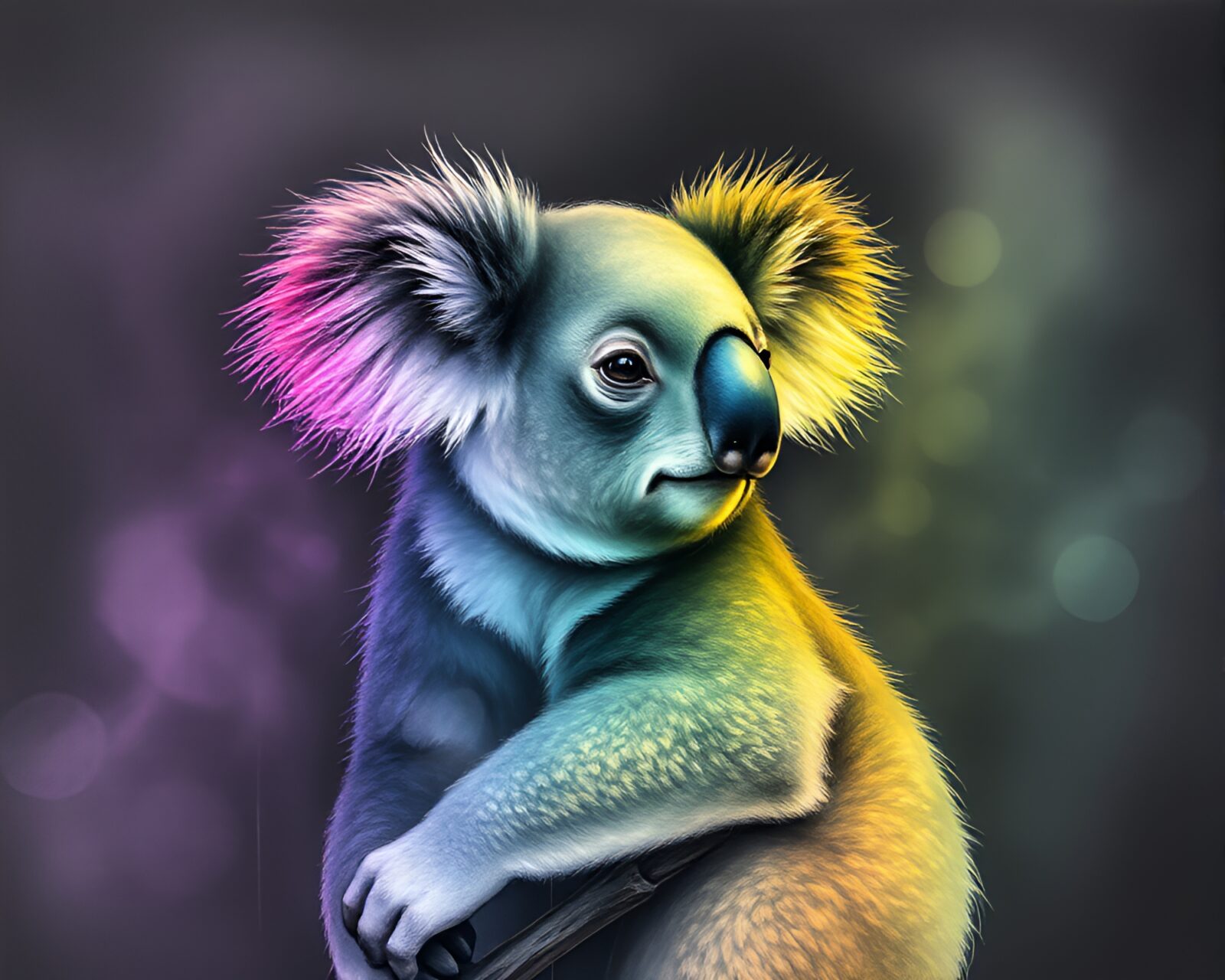 Charcoal sketch of a koala in colorful mist