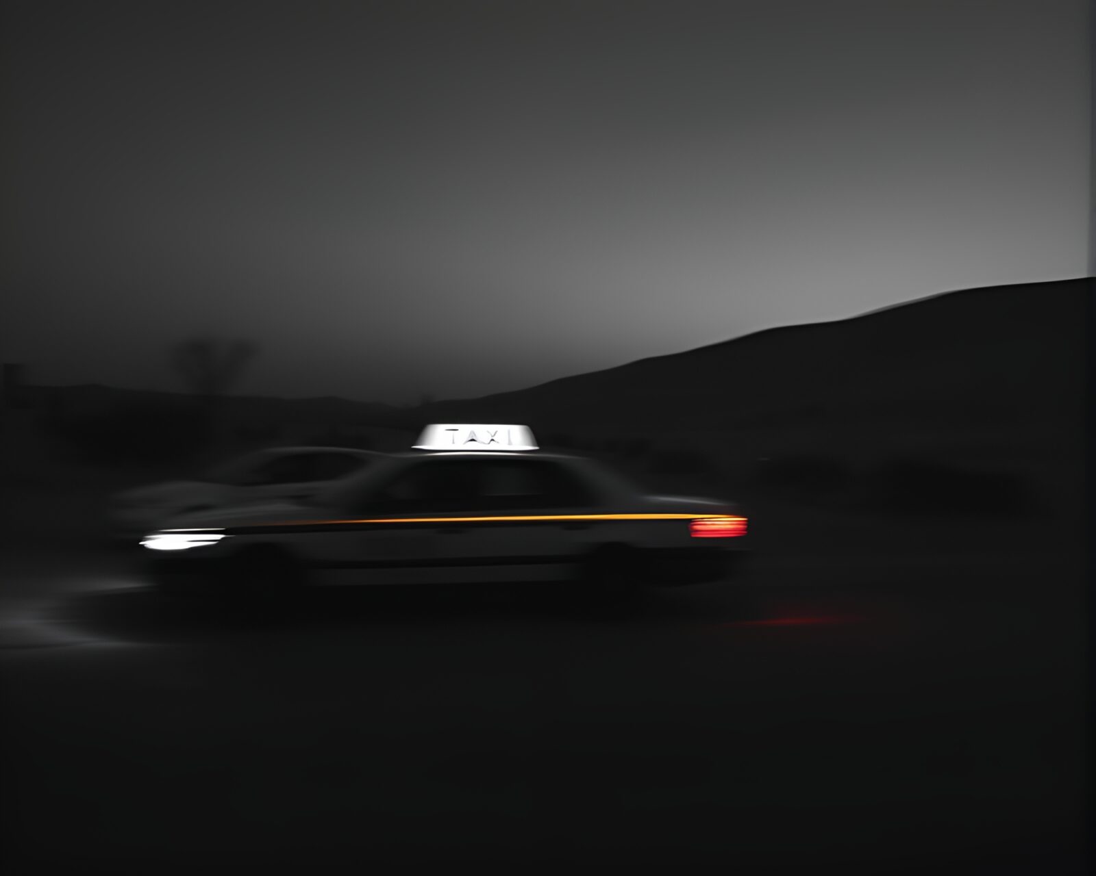 Blurry taxi streaking through bioluminescent forest under desert-sand hues