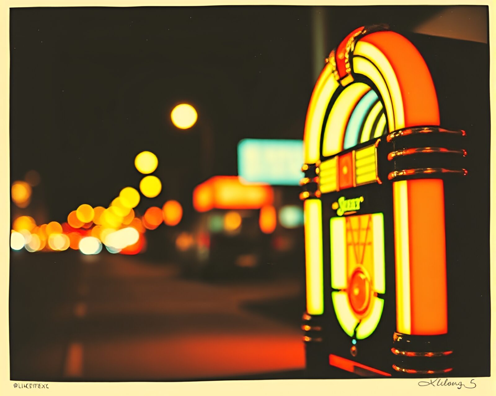 Retro linocut print of jukebox glowing with light leaks