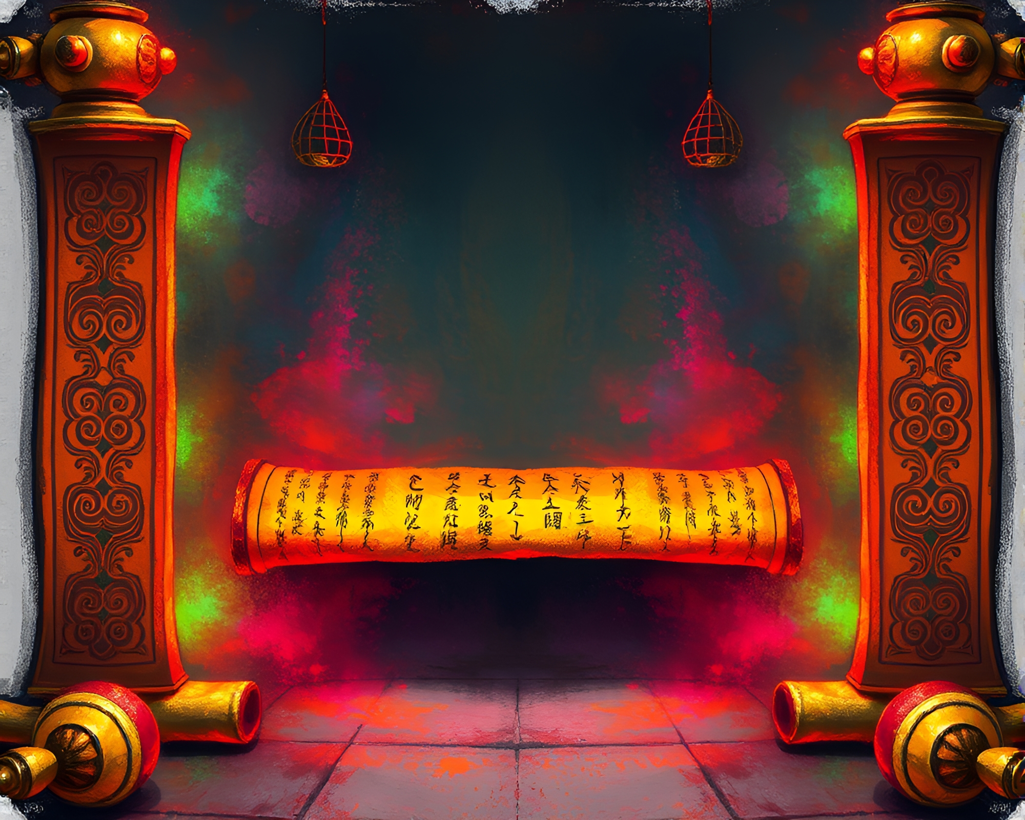 Ancient Scroll Illuminated by Neon Lights – free AI stock image