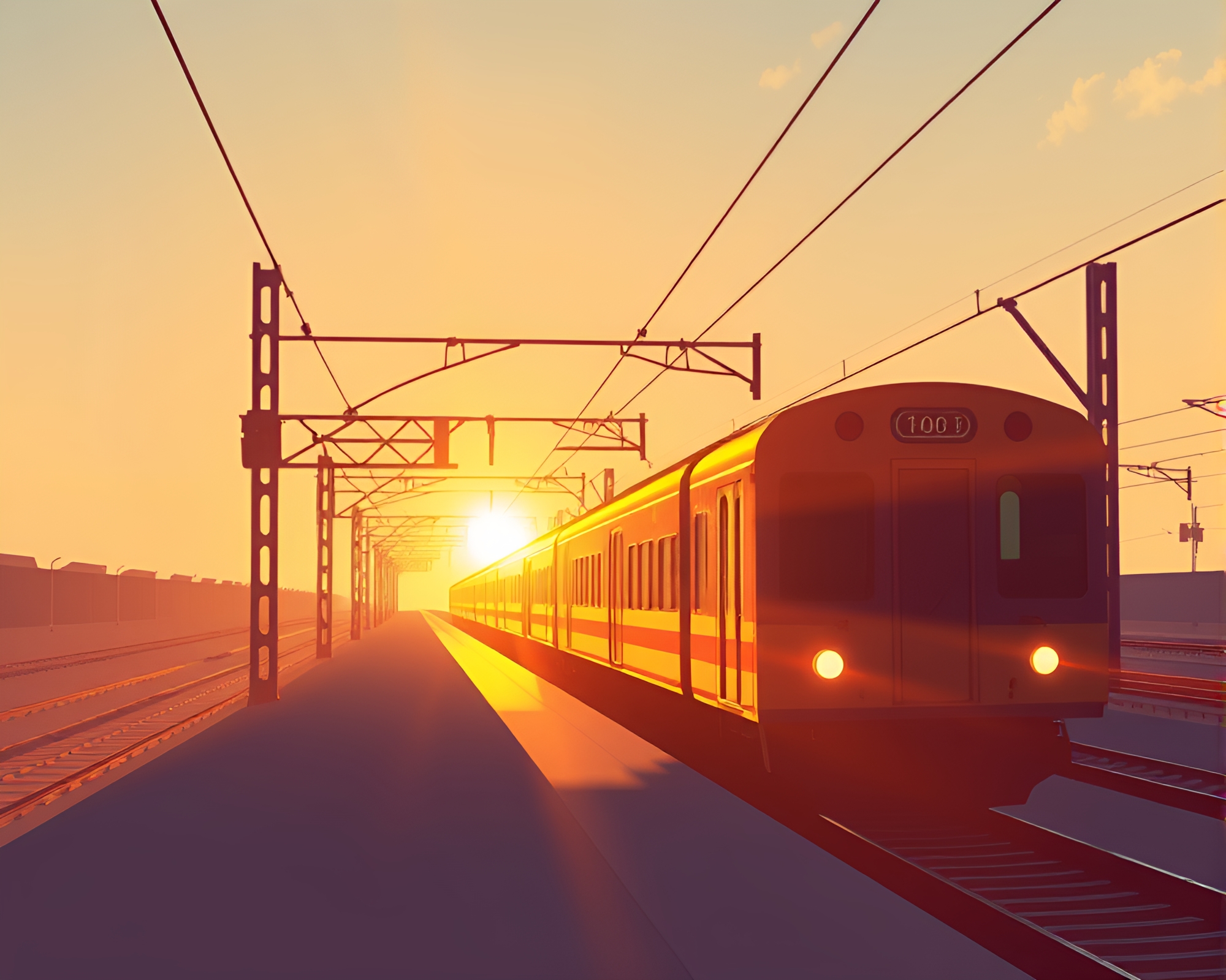Solar Flare Train: Off-Center Composition in Cel Shading – free AI stock image