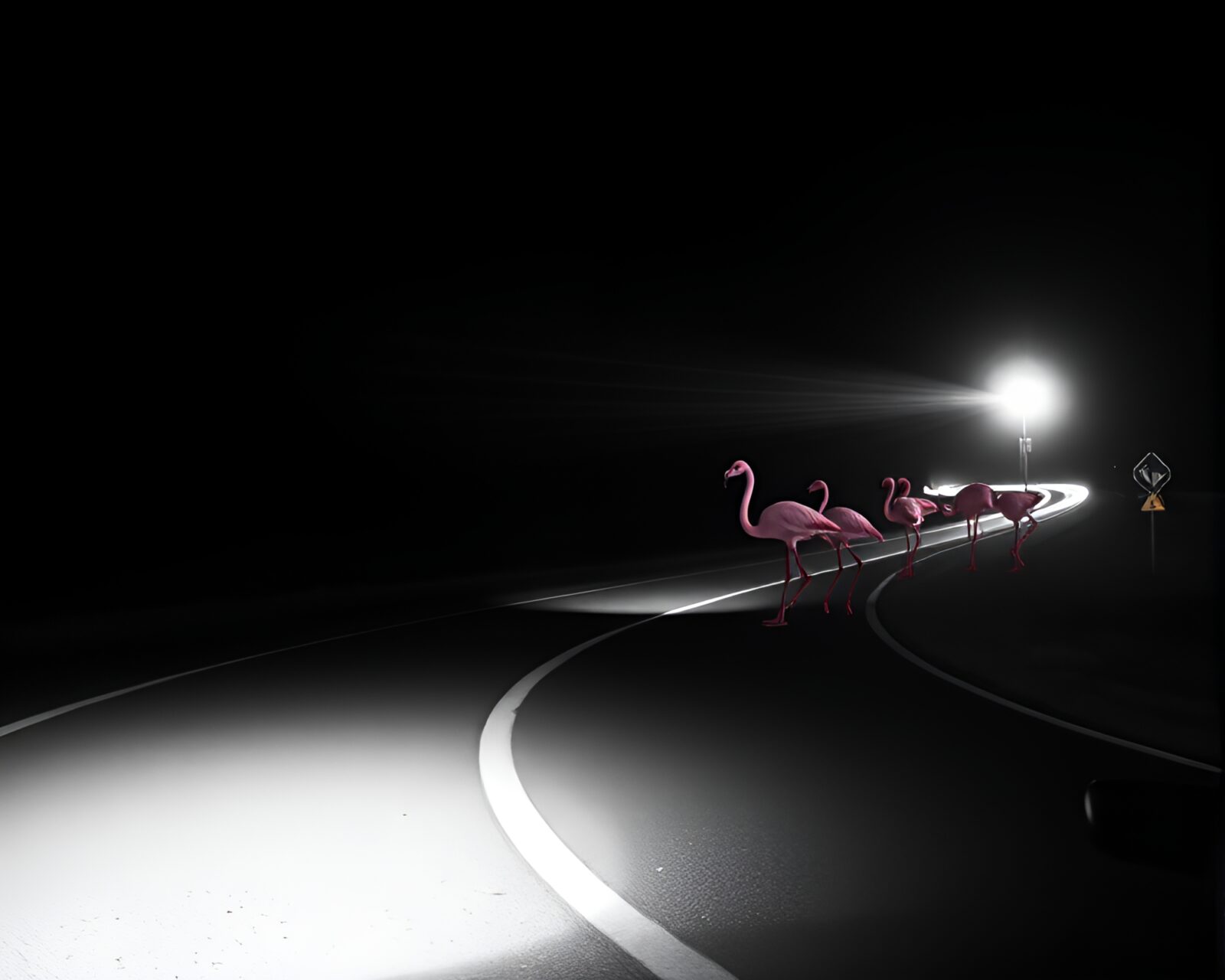 A flamingo standing in colorful car light trails with stage-like lighting