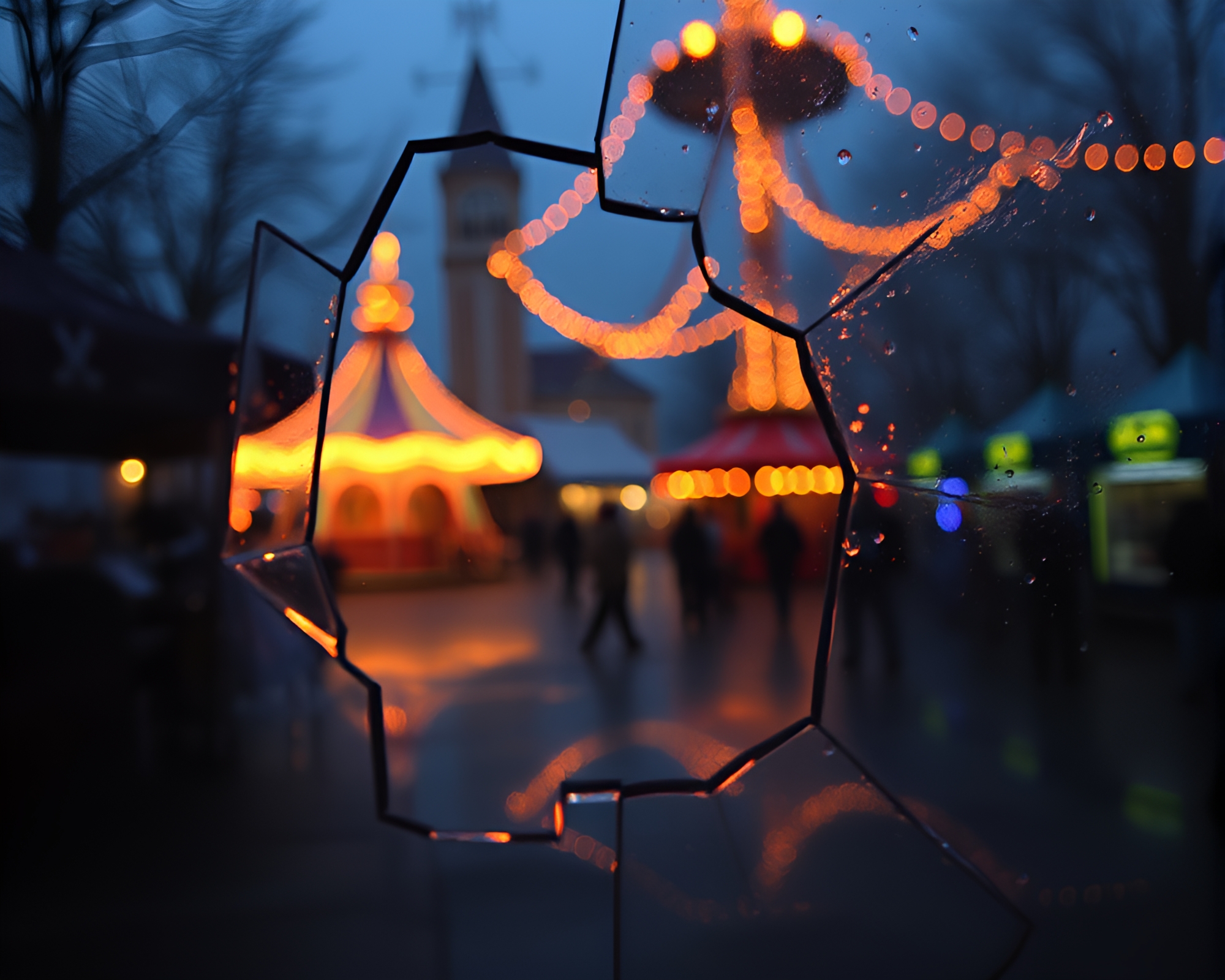 Shattered glass pocket sundial under carnival lights – free AI stock image