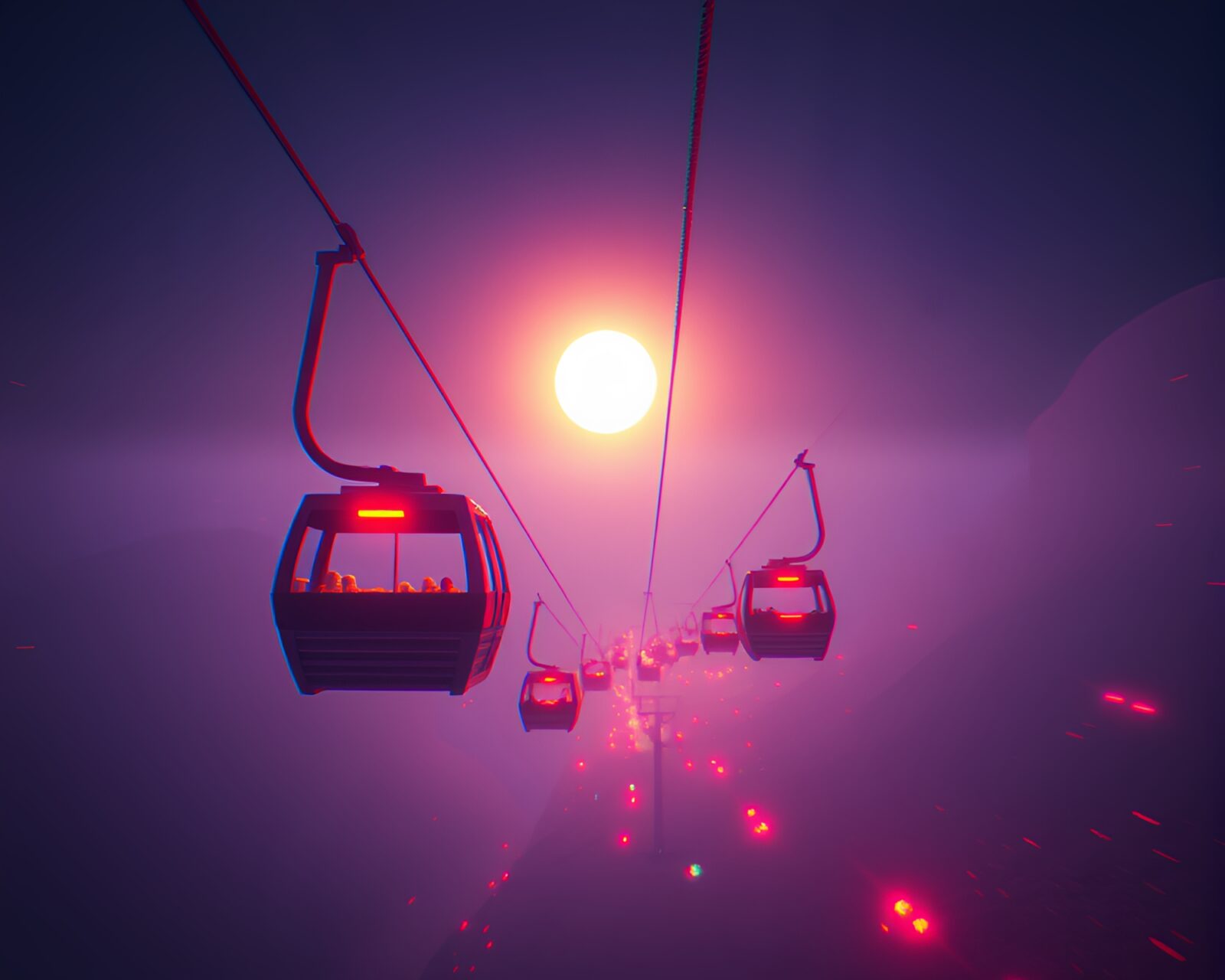 Procedurally-generated glitch art of gondola lift in cool light