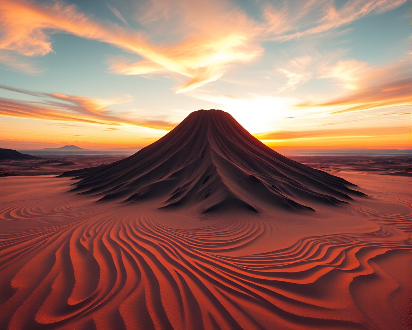 Vibrant sand swirl patterns in volcanic crater under sunset sky