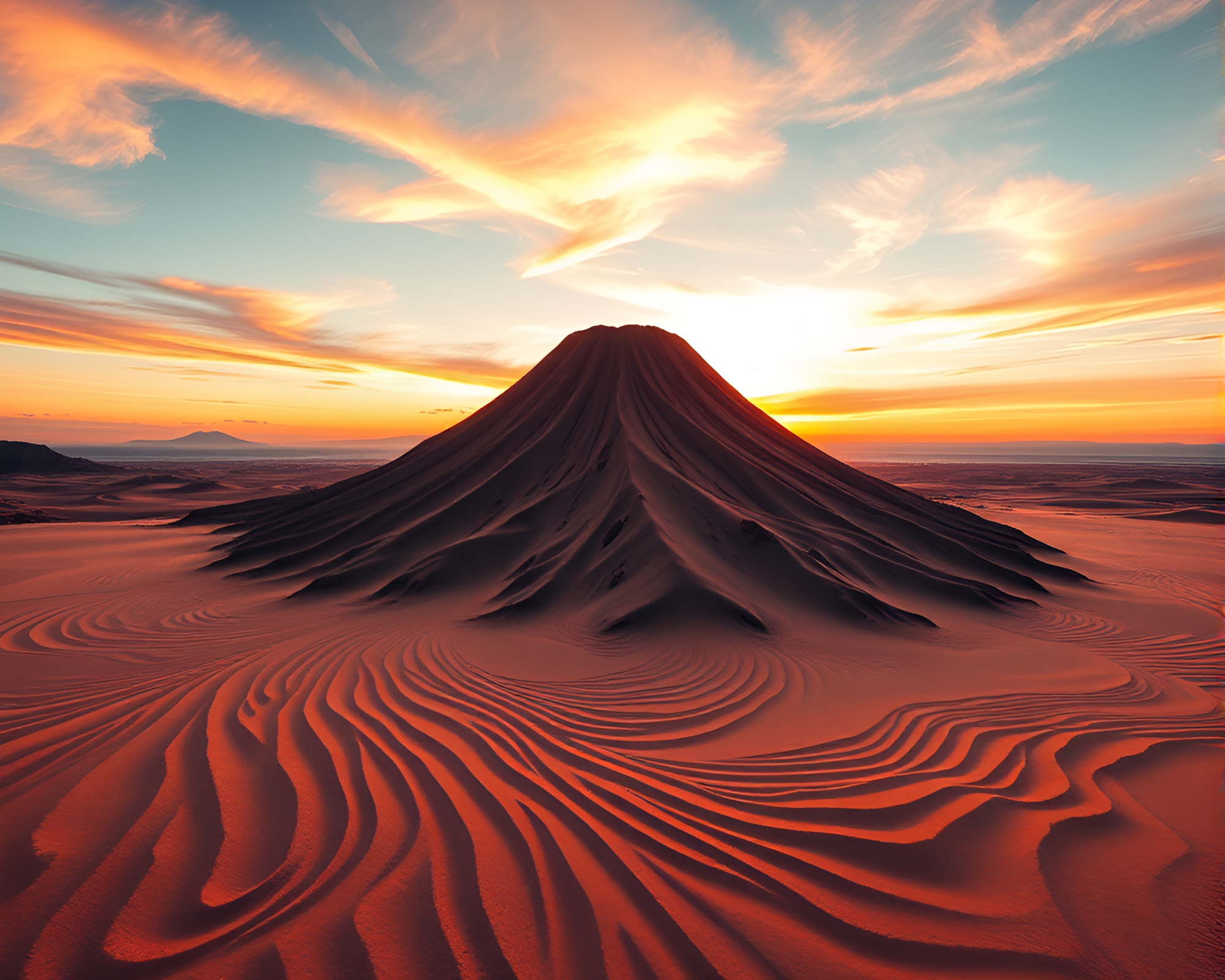 Kinetic Sand Swirls in Volcano Crater at Sunset – free AI stock image