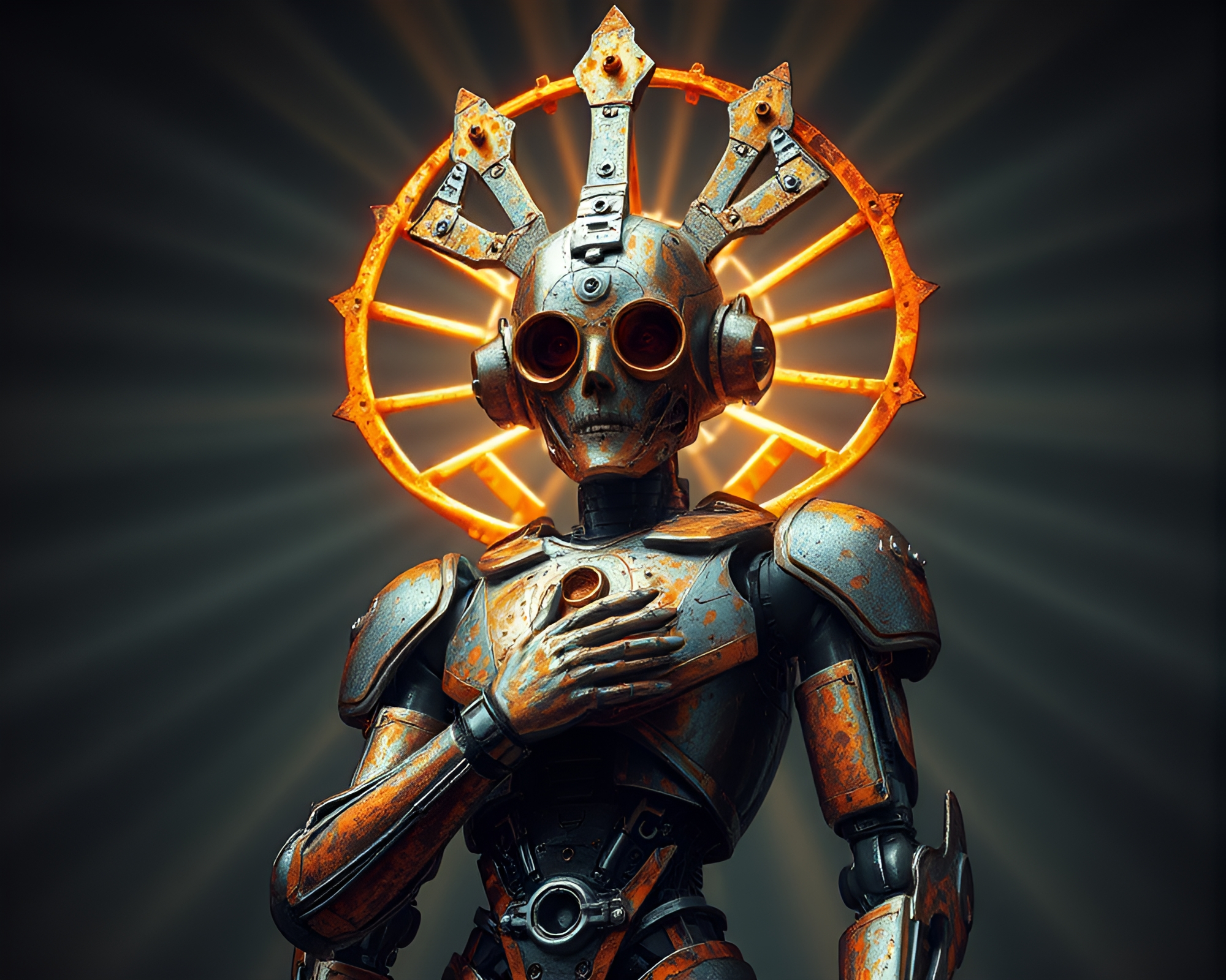 Ethereal Cyborg Embraced by Rust Patina Waves – free AI stock image