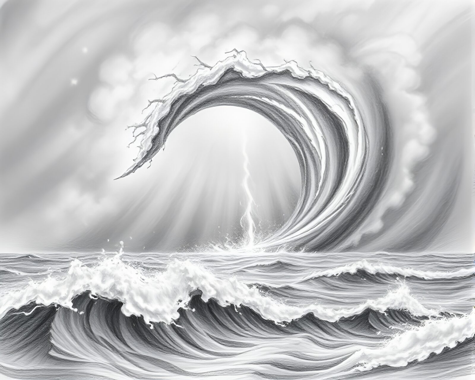 Dramatic pencil sketch of stormy ocean with swirling clouds