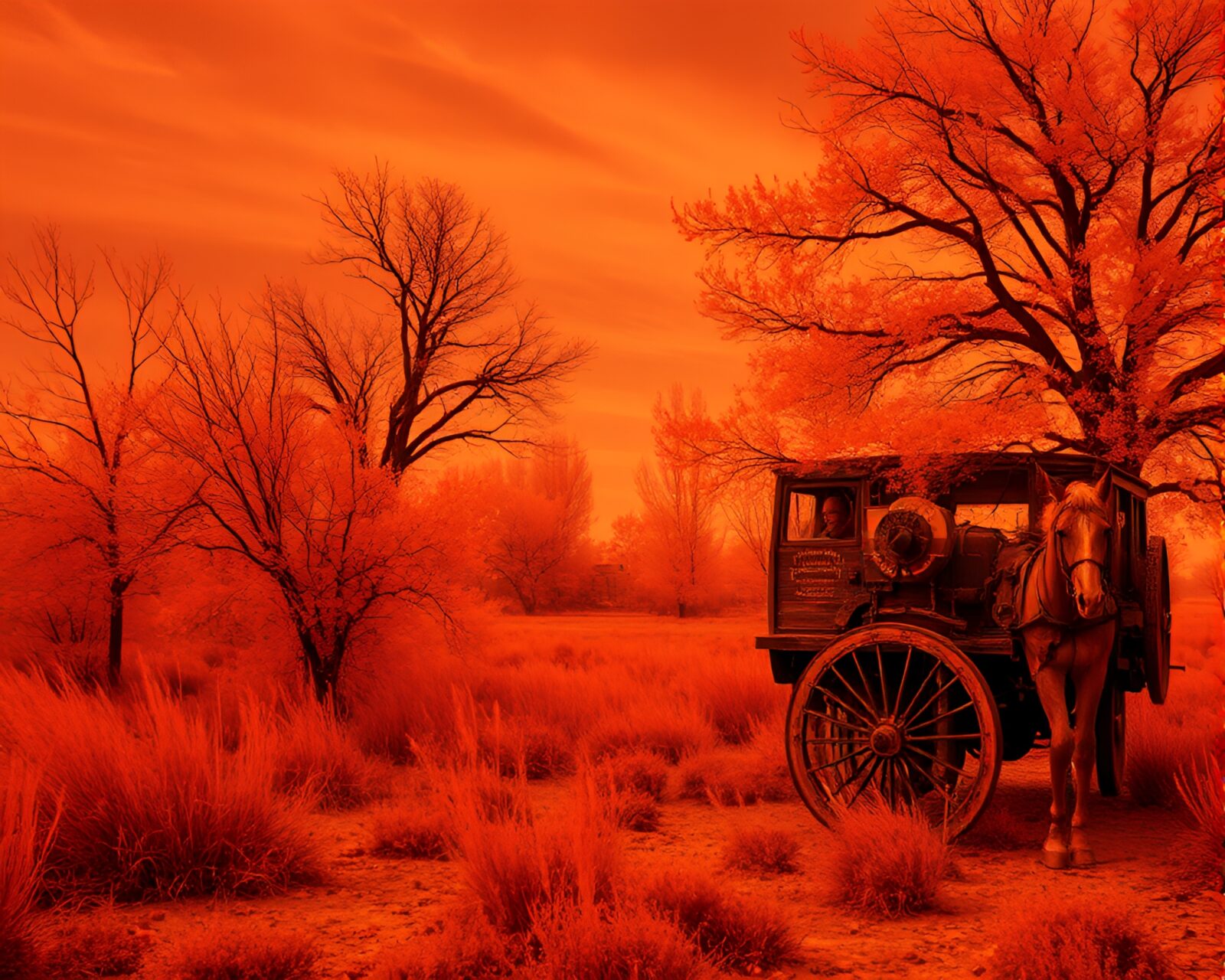 Dynamic graphic novel illustration of stagecoach in infrared style