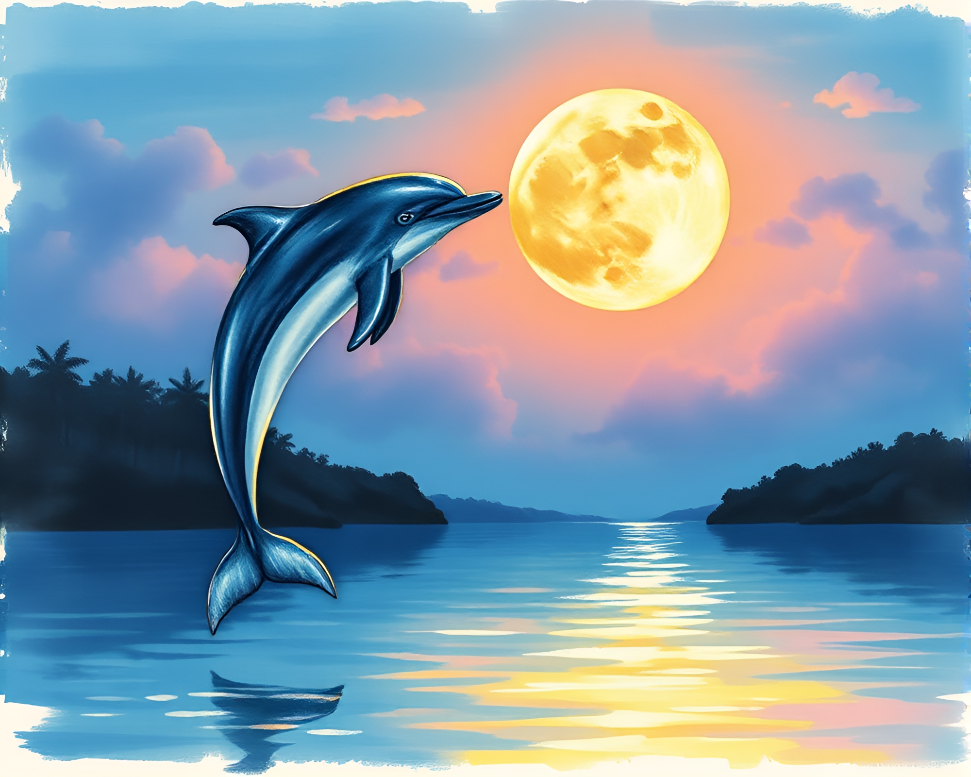 Moonlit Foil-Stamped Amazon River Dolphin Pastel Drawing – free AI stock image