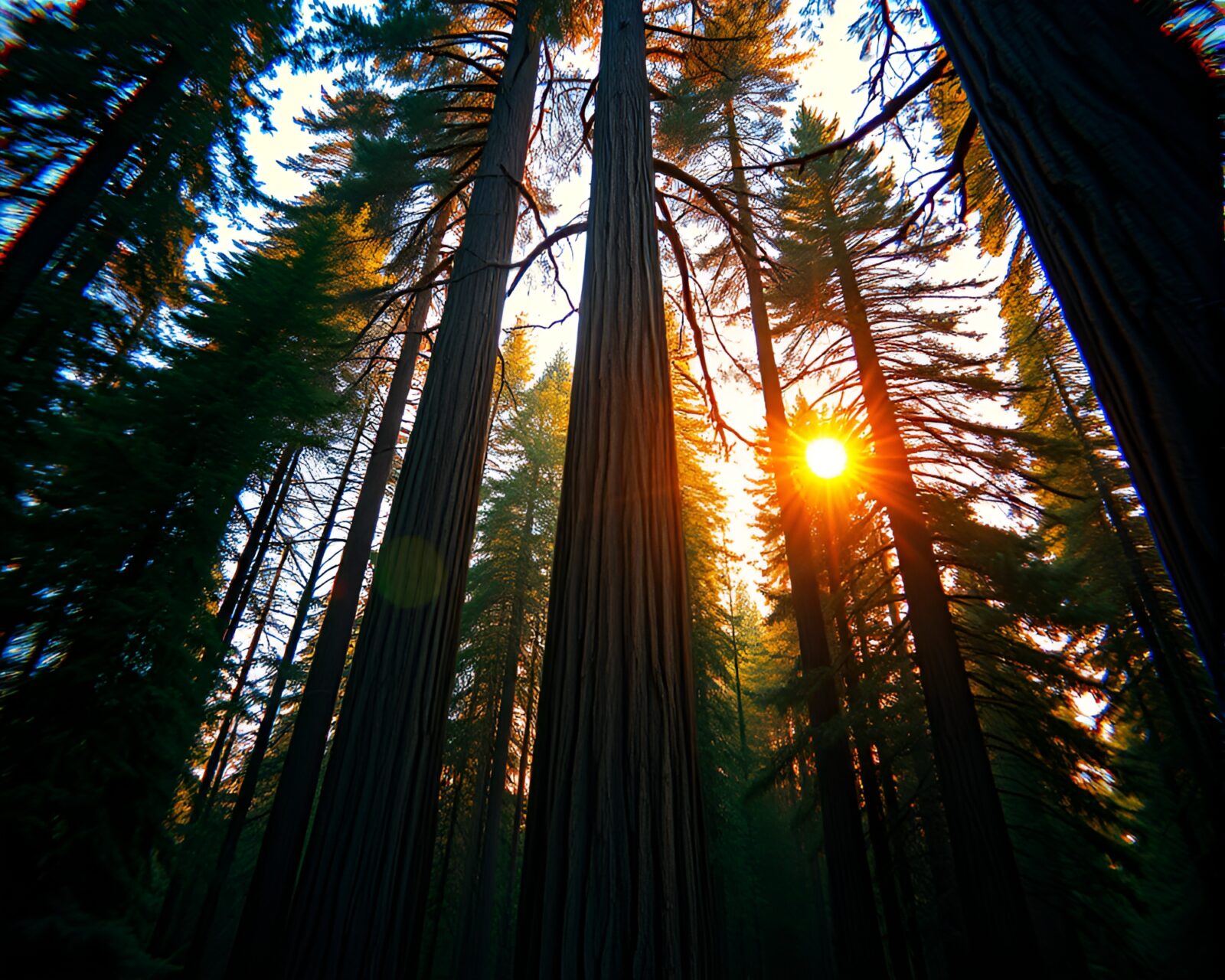 Stereoscopic 3D image of redwood tree at golden hour dusk