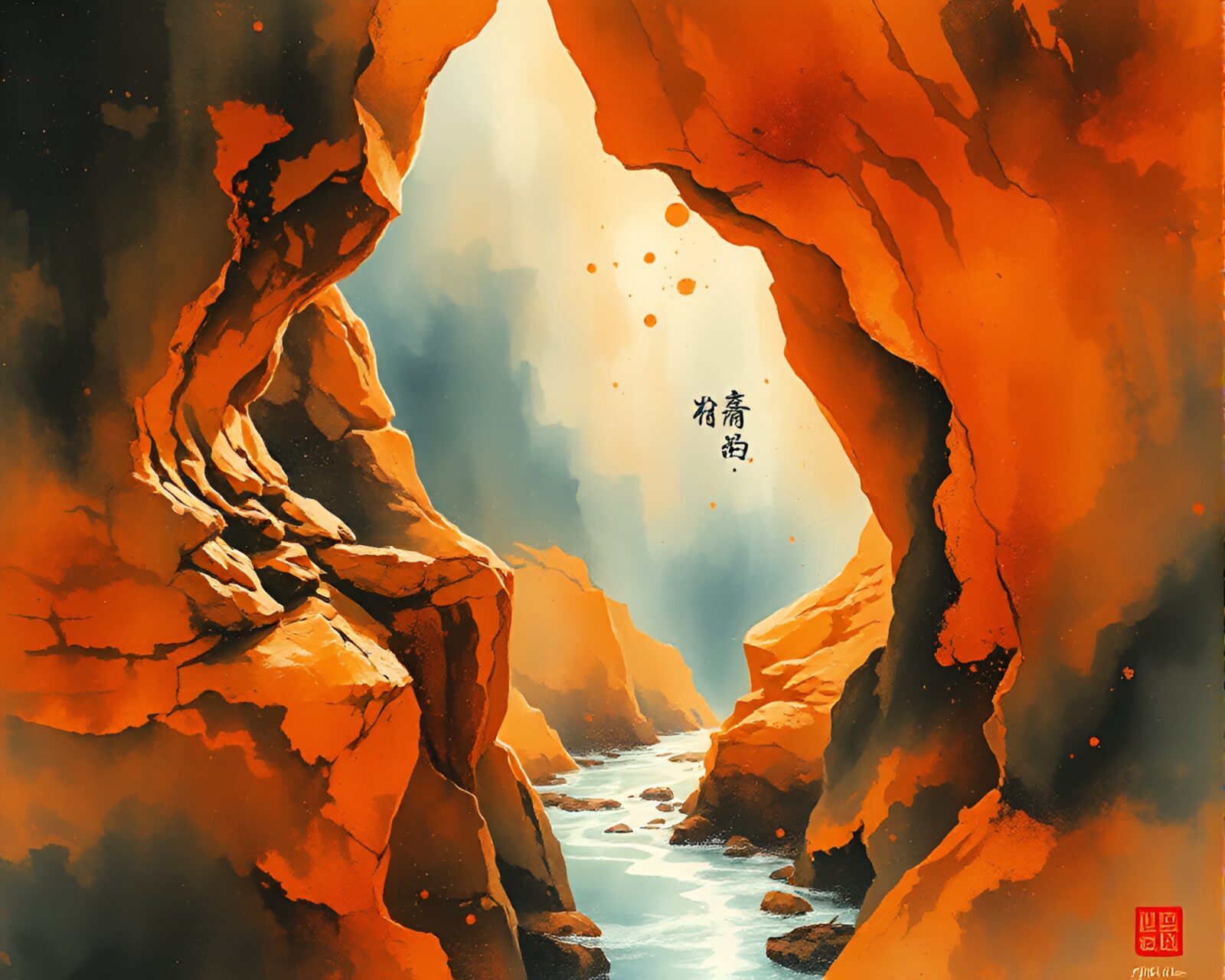 Serene scene of floating tea cup in rust-toned canyon