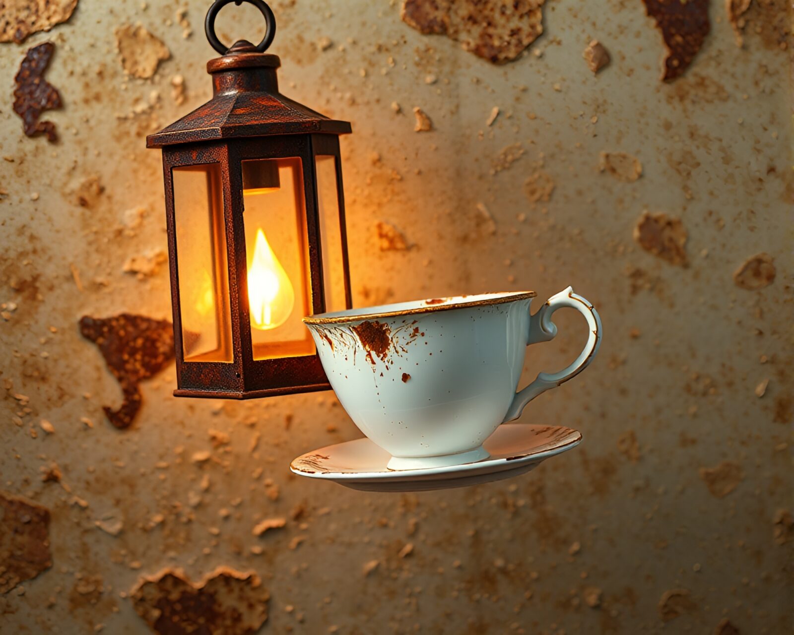 Floating tea cup in flickering lantern light in rustic setting