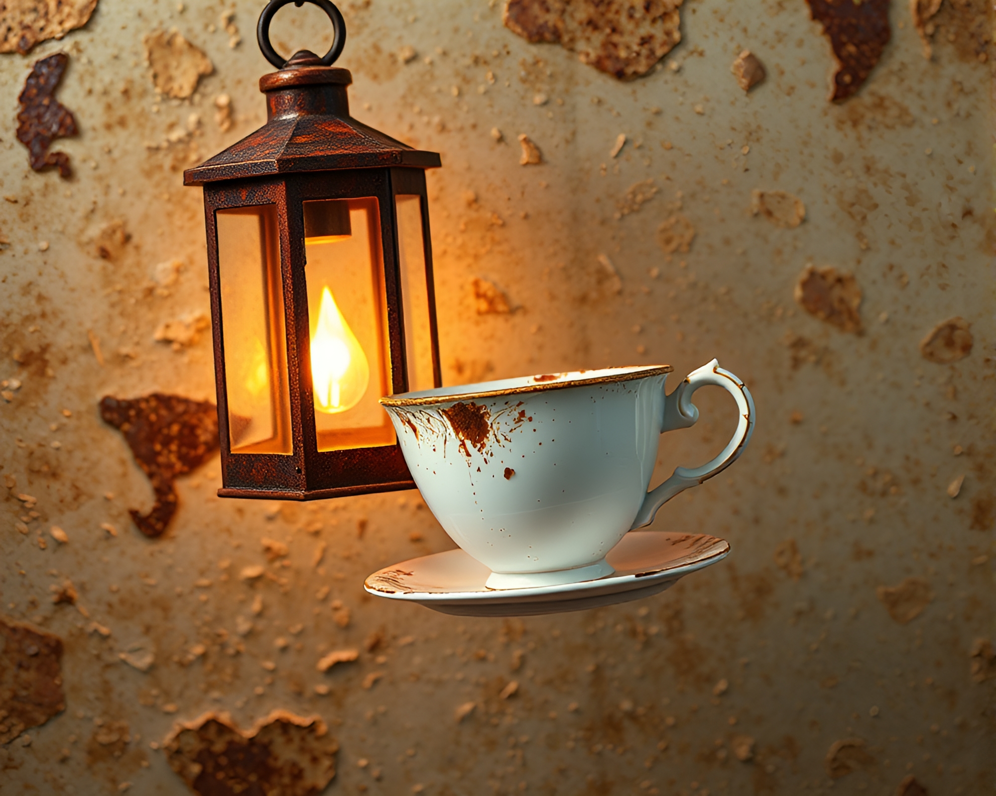 Rustic tea cup suspended in lantern glow – free AI stock image