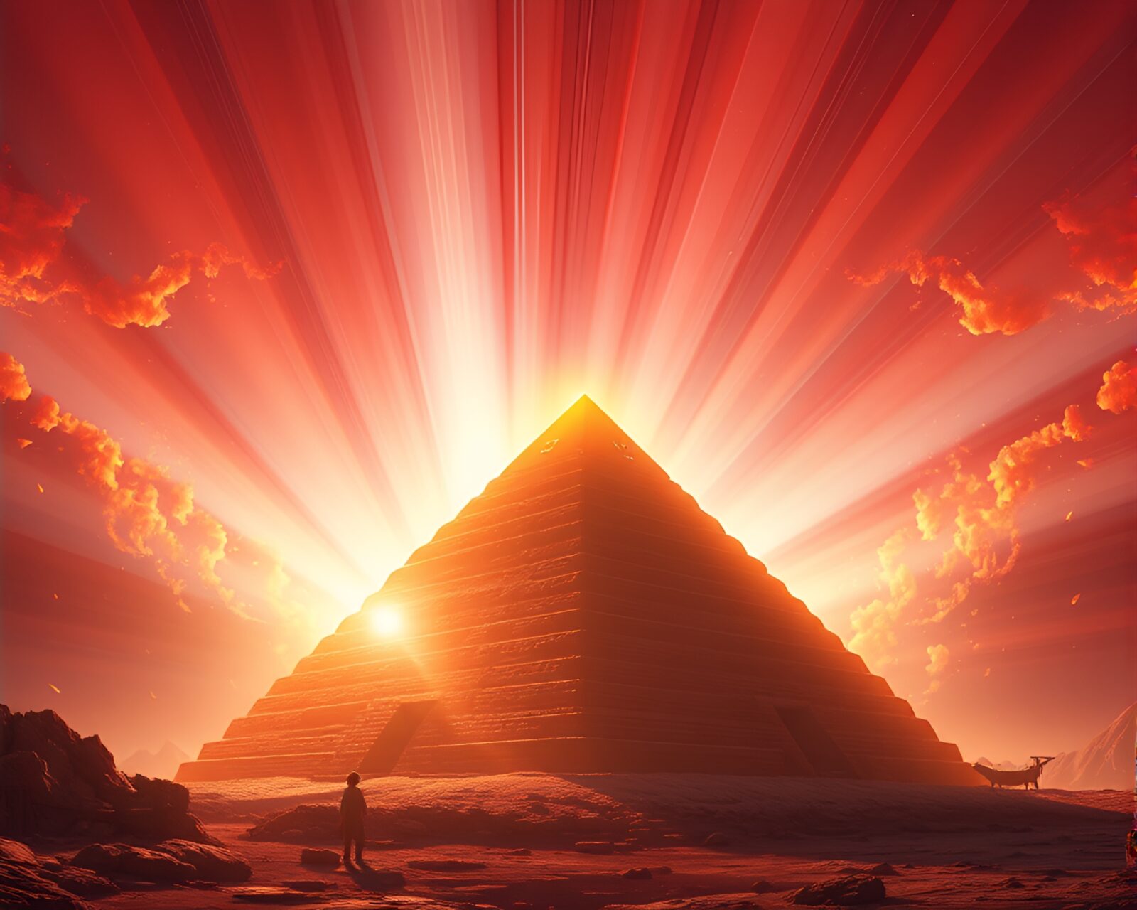 Vibrant manga pyramid composition with solar flare glow.
