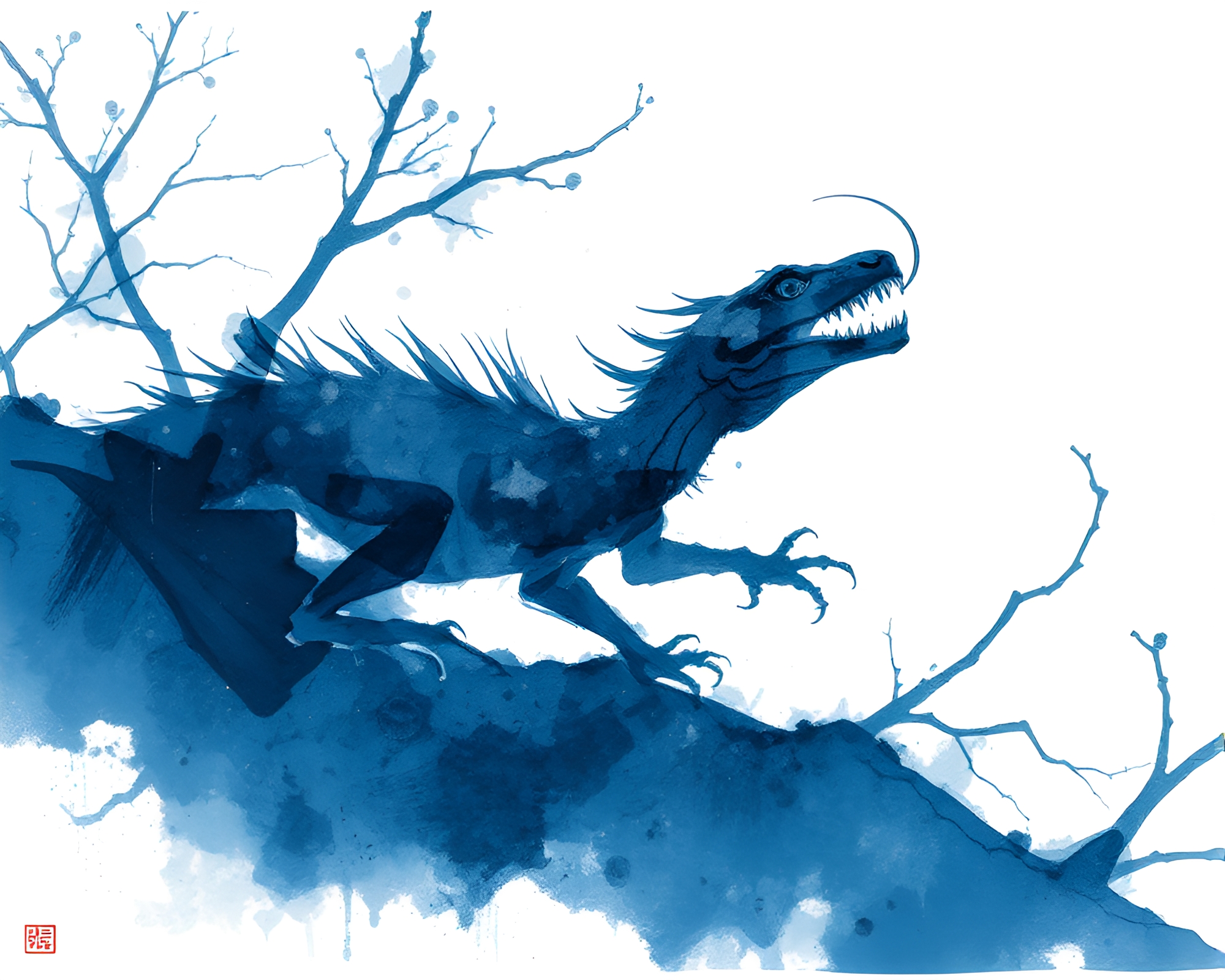Basilisk Double Exposure: Monochrome Blue Sumi-e Artwork – free AI stock image