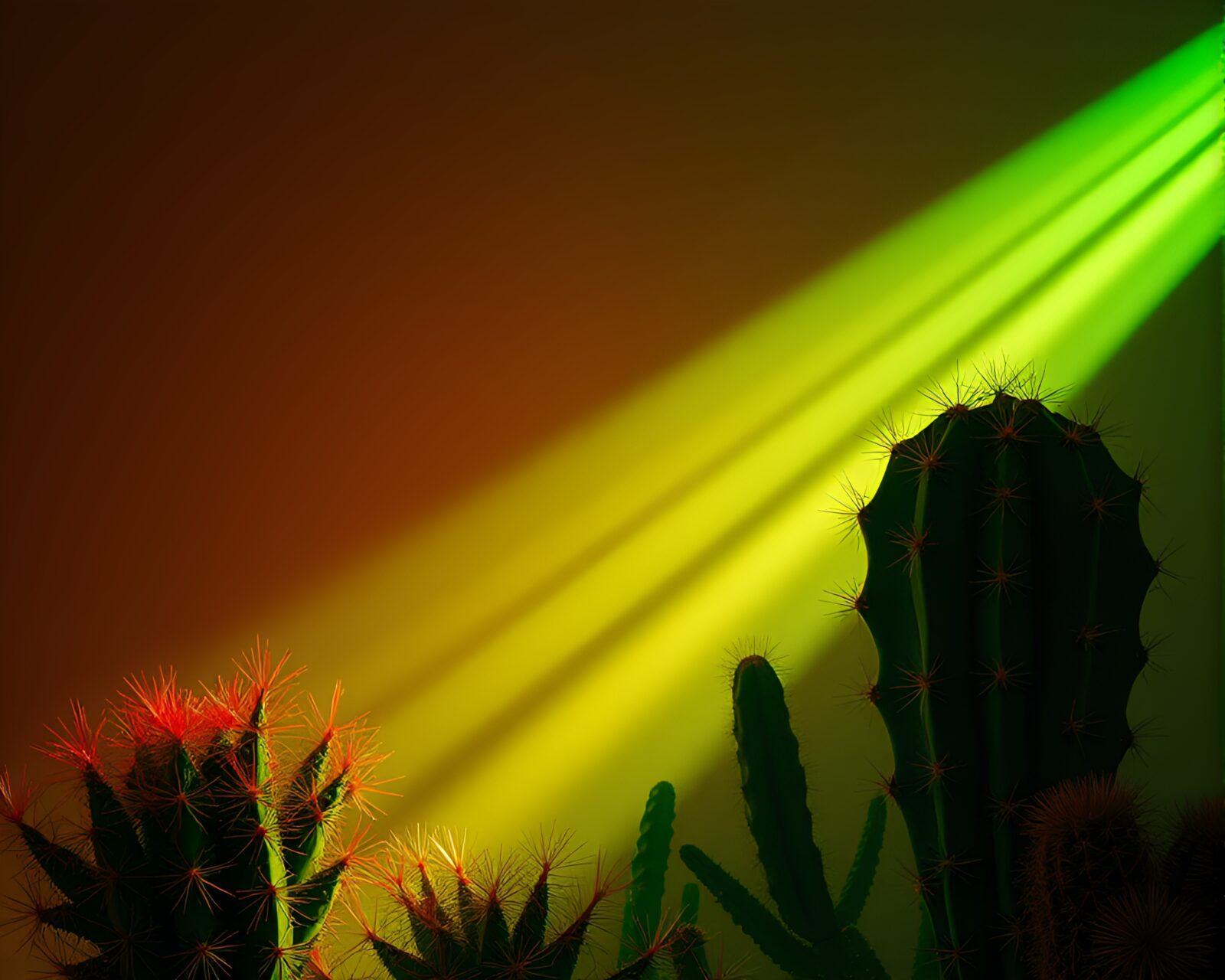 Glowing neon cactus surrounded by lush greenery in studio