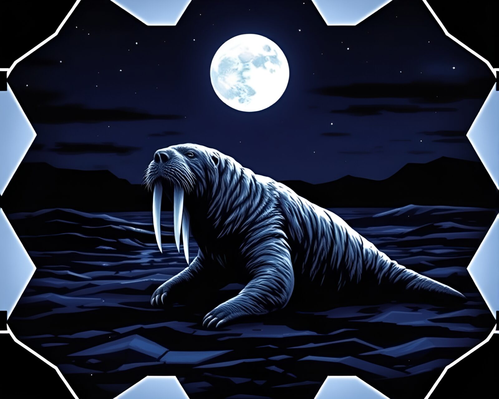 A mystical scene of a walrus in a hexagonal pattern under moonlight