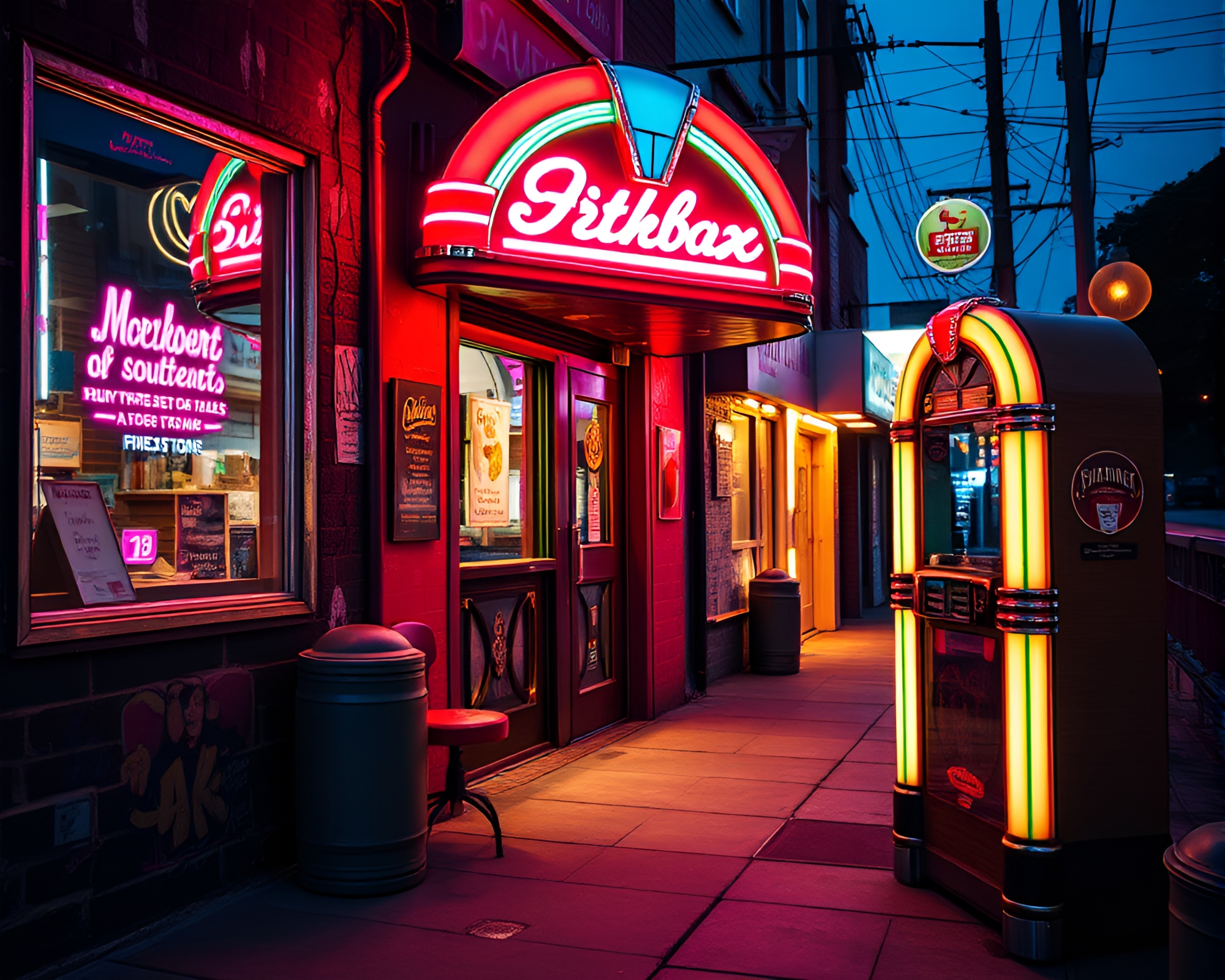 Retro Jukebox Street Art in Jewel Tones – free AI stock image