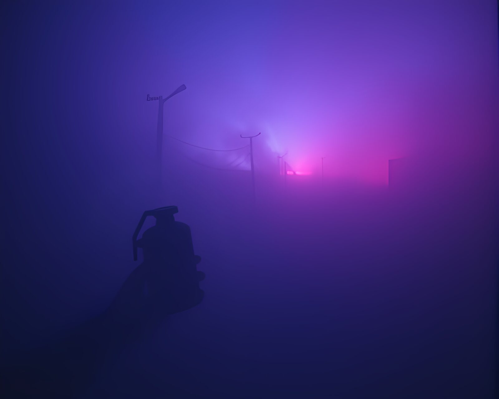 A surreal scene with glowing antimatter grenade in foggy twilight