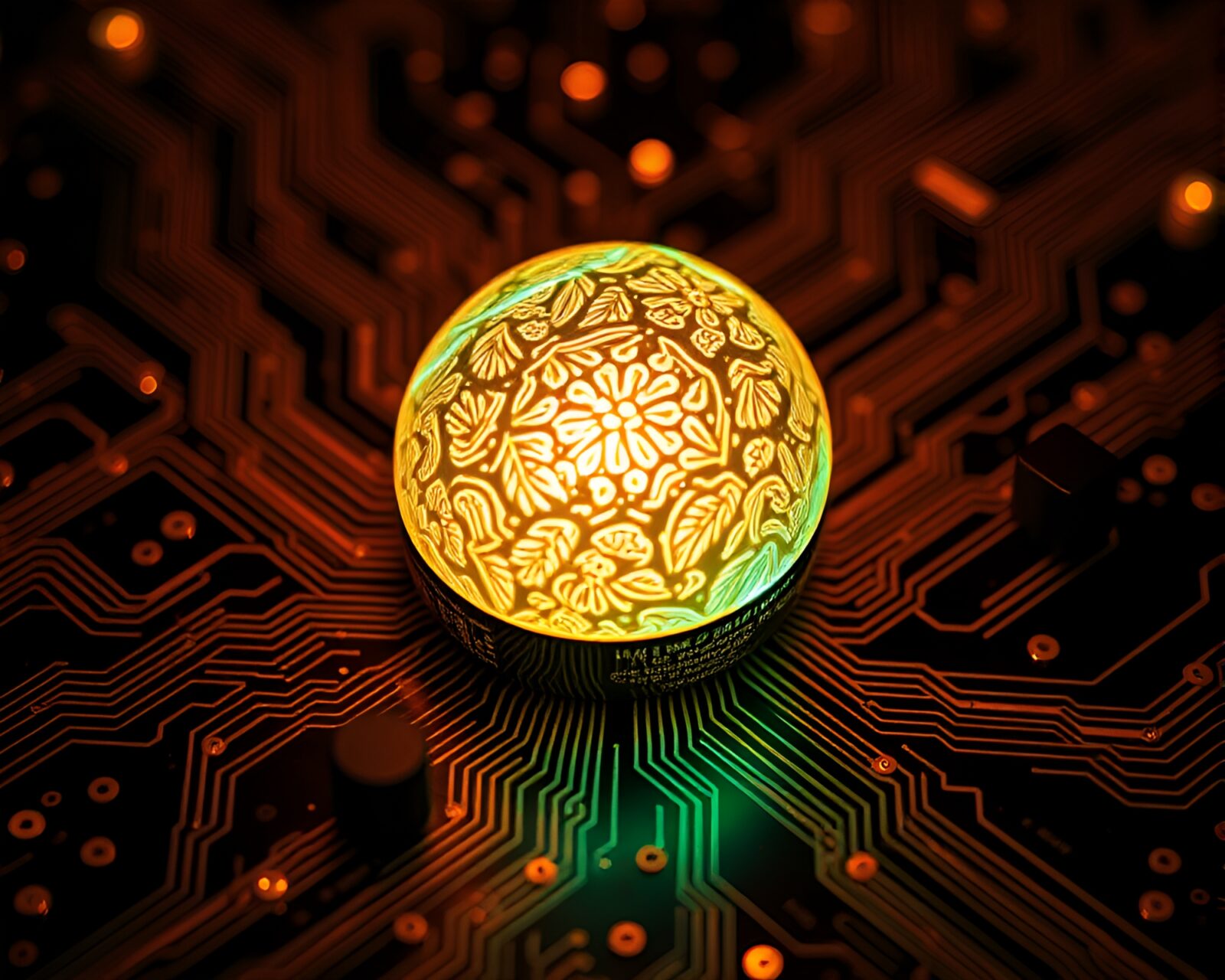 Fantasy dragon egg glowing in futuristic circuit board environment